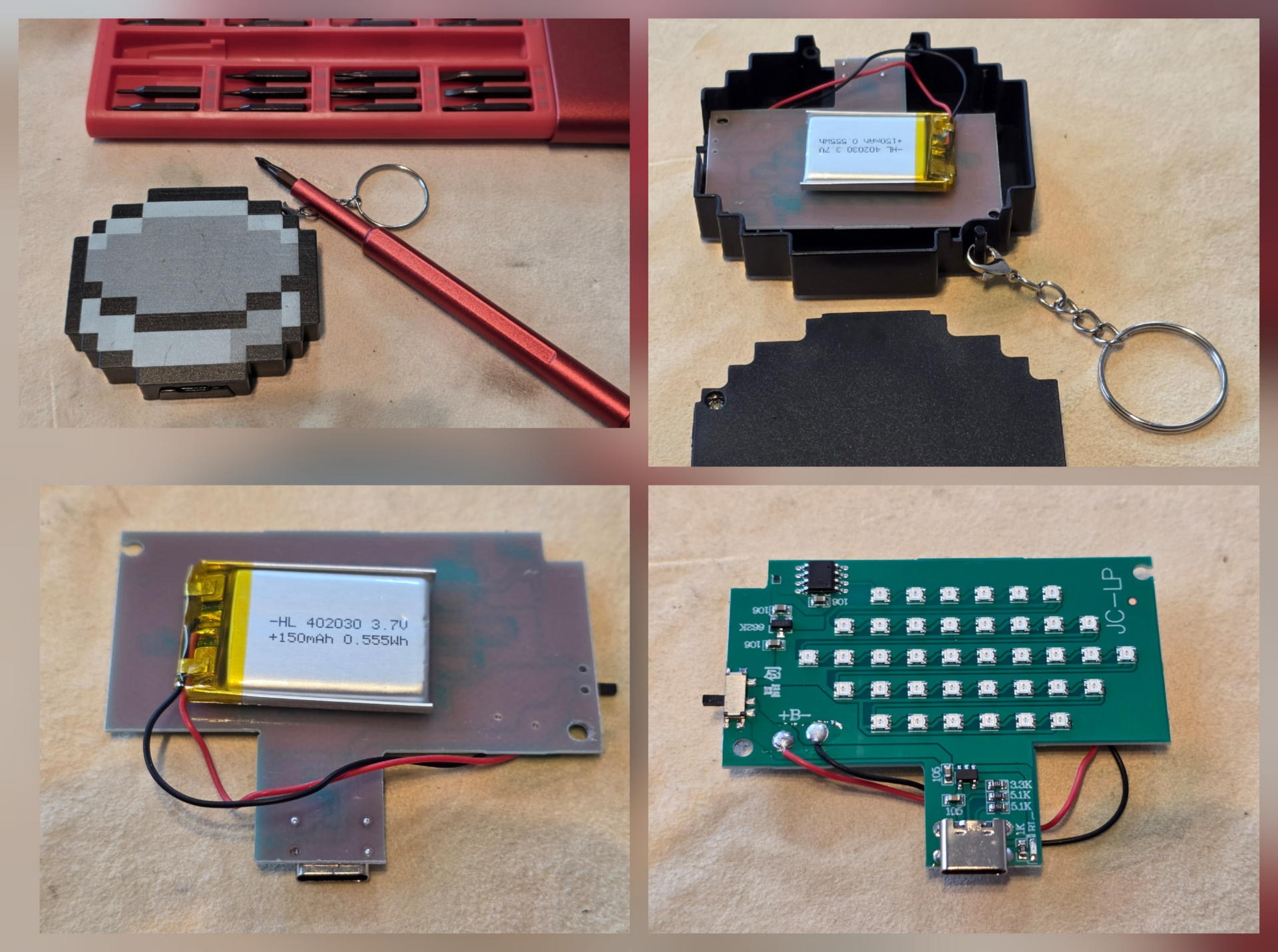 分解された内部構造。バッテリー、LED基板、ロジック回路が確認できる