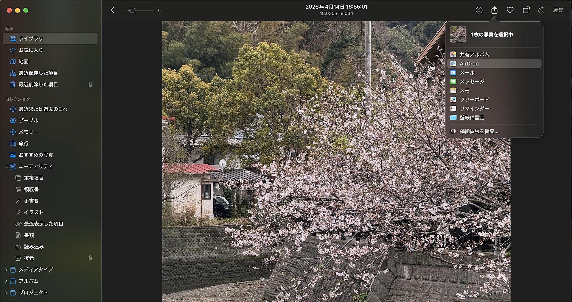 Macから送信する場合も、送信したい画像を選んで、共有メニューから「Airdrop」を選択