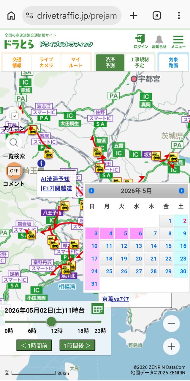 カレンダーから日付を選択。その日の想定される混雑状況が地図上に表示される