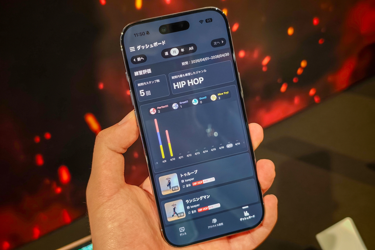 ダッシュボードから練習したダンスや評価を見られる