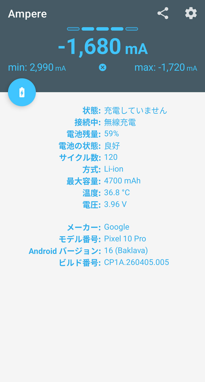 Pixel 10 ProにQi2充電器を使った場合、しばらくすると放電状態に