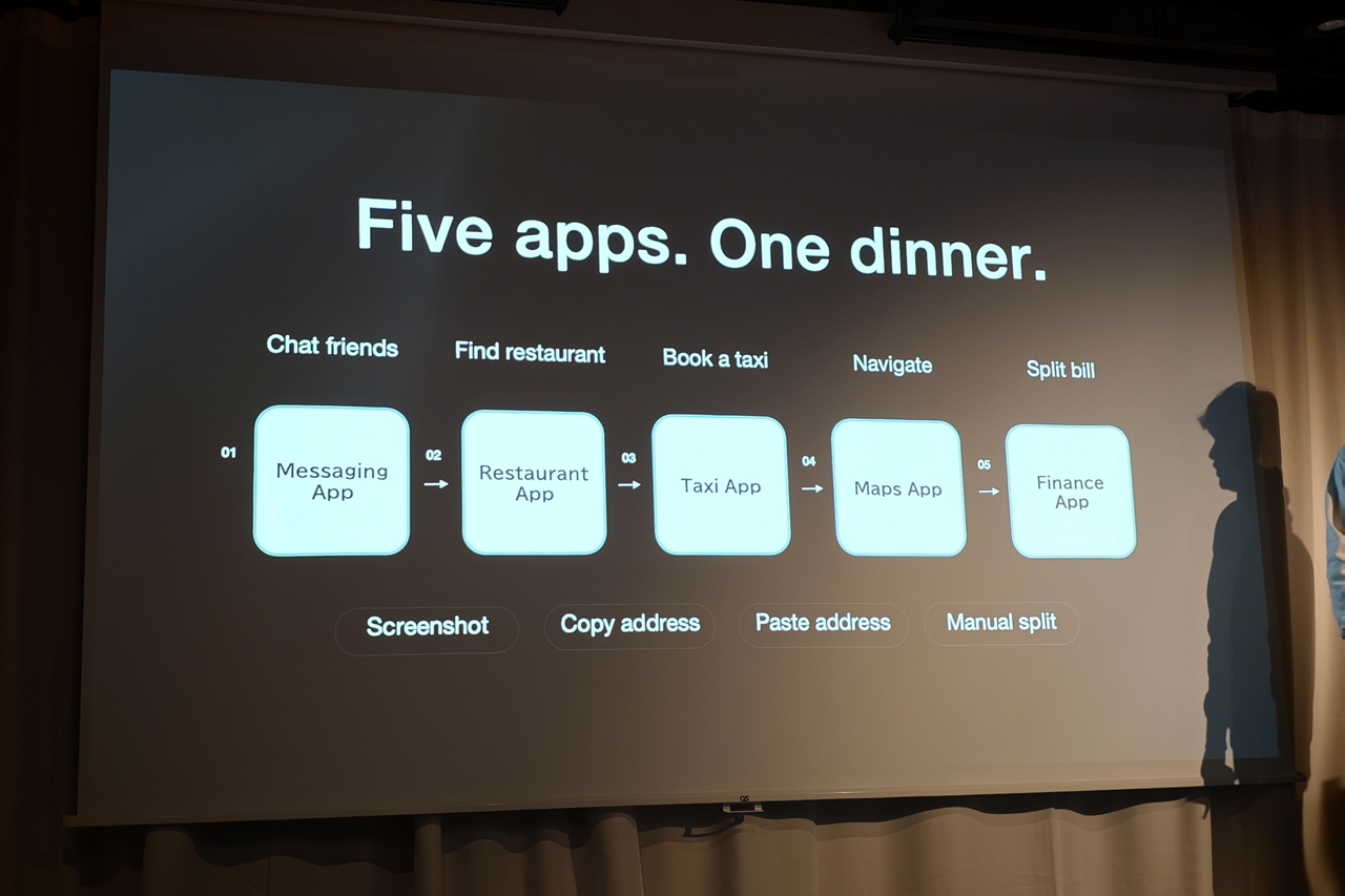 今夜のディナーのためにタクシーアプリや地図アプリ、支払いアプリを行き来する必要があり、まるでCPUだと主張