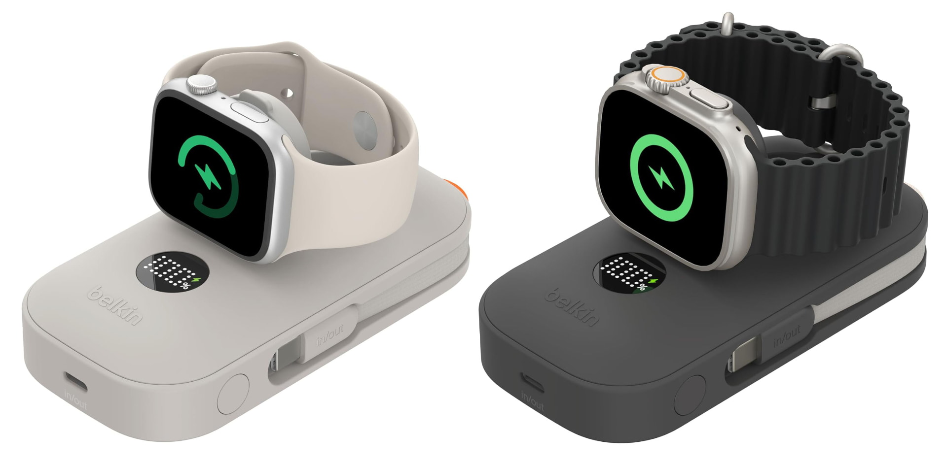 ベルキン「BoostCharge Pro モバイルバッテリー10K（Apple Watch充電機能付き）」はApple Watch充電器を内蔵したモバイルバッテリー。Apple Watch以外のデバイス充電用に、充電用USB-Cケーブル×1を内蔵するほか、給電用USB-Cポート×1も搭載する。