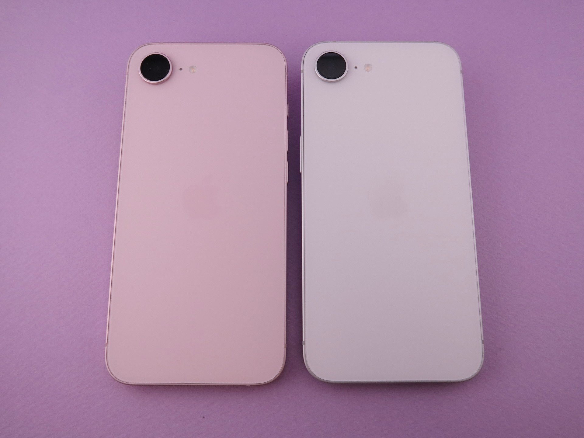「iPhone 17e」（左）と「iPhone 16e」（右）の背面。ソフトピンク（左）は「iPhone 17e」のカラーなので、わかるが、背面の仕上げもまったく同じ。外観の違いは左側面のSIMカードスロットの有無
