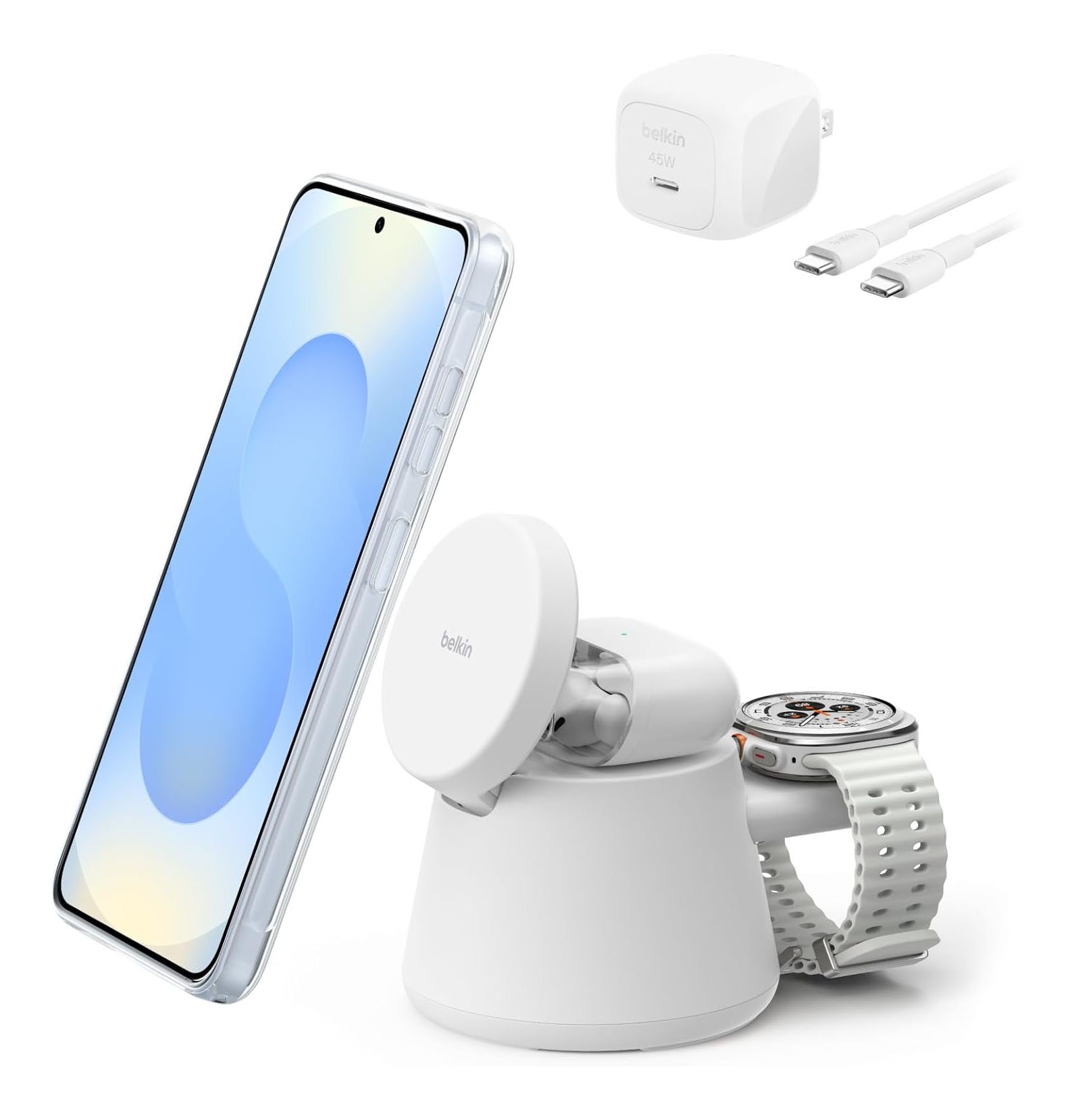 展開すると、スマートフォン、ワイヤレスイヤホン、スマートウォッチを同時に充電できる。USB充電器とUSB-Cケーブルが付属する