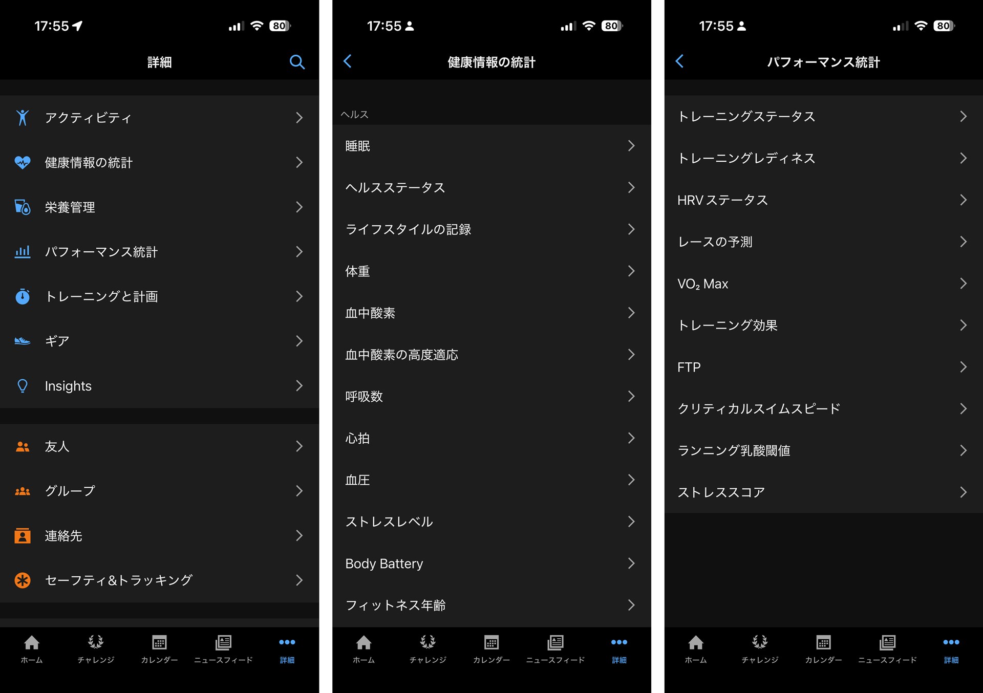 「Garmin Connect」アプリの「詳細」を開き、さらに「健康情報の統計」や「パフォーマンス統計」などを選択しないと、初期設定ができなかったり、計測データを確認できなかったりする機能が多かった。使い始めた当初に、「Garmin Connect」アプリを細かくチェックすることが使いこなしのポイントになりそうだ