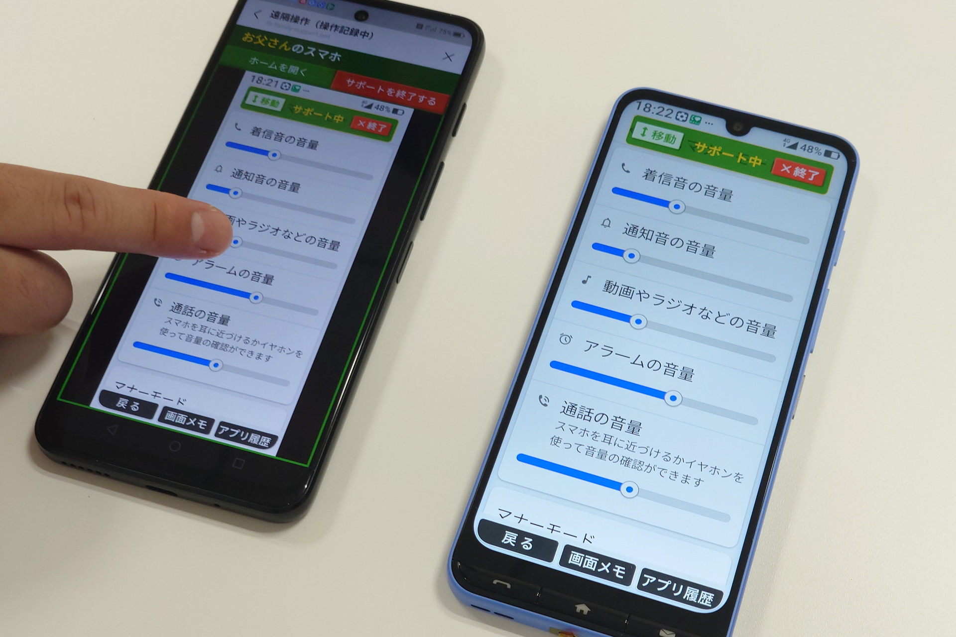 左のスマートフォンで右のかんたんスマホ5を遠隔操作中
