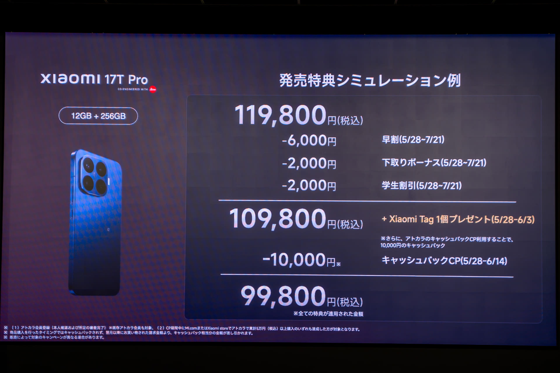 「Xiaomi 17T Pro」256GBモデルの場合、最大限特典を利用すると約10万円に