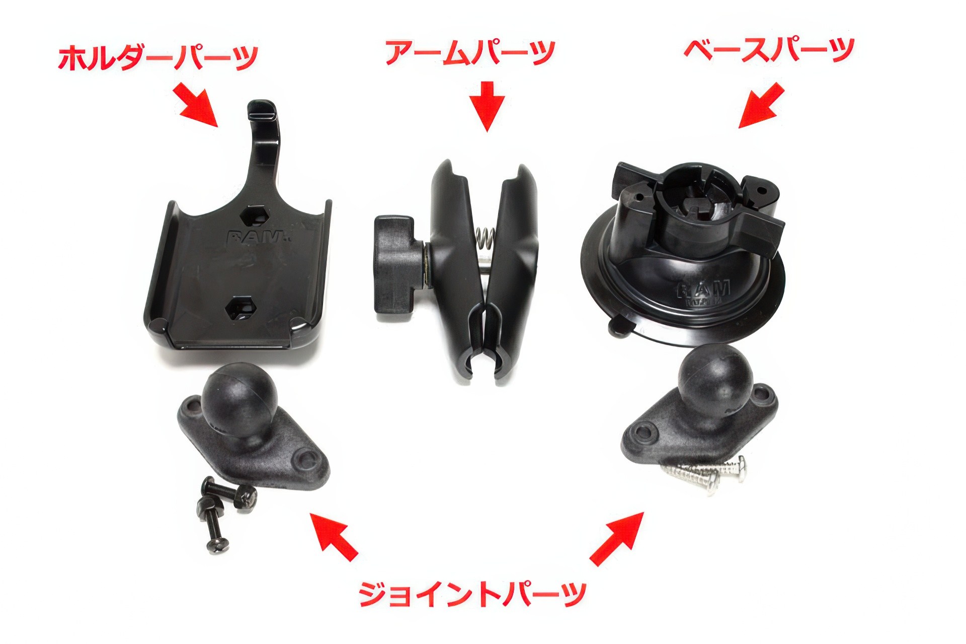 こんな感じで各パーツはバラバラになる。ホルダーパーツをiPad mini用に換え、ベースパーツをネジ固定式にすれば、たとえばiPad miniを家の壁に固定したり、乗り物の操縦席脇などに固定できる。