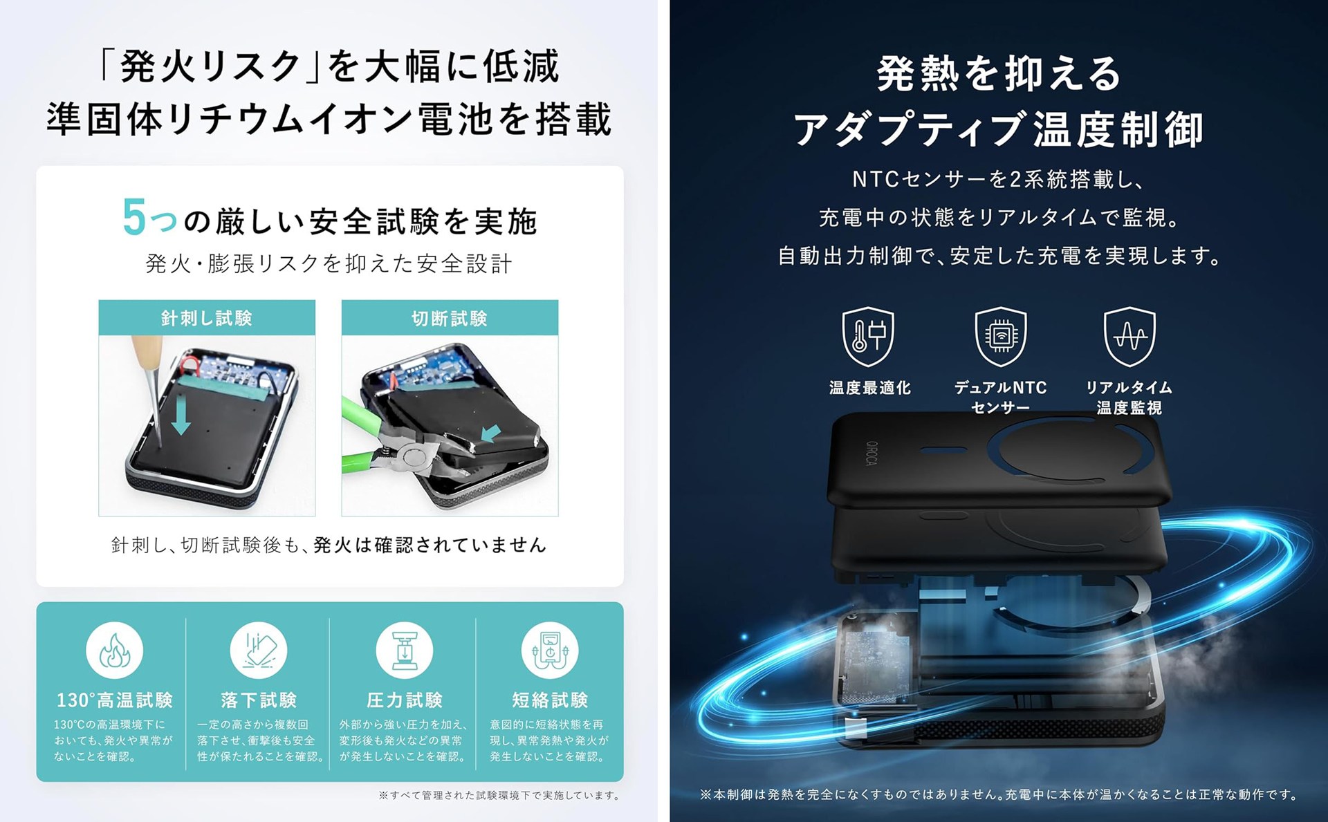 いろいろ安全なモバイルバッテリーらしい！　ちなみにQIROCAブランドのGeomonto社は日本企業だそうだ。設立間もない若い企業らしい。