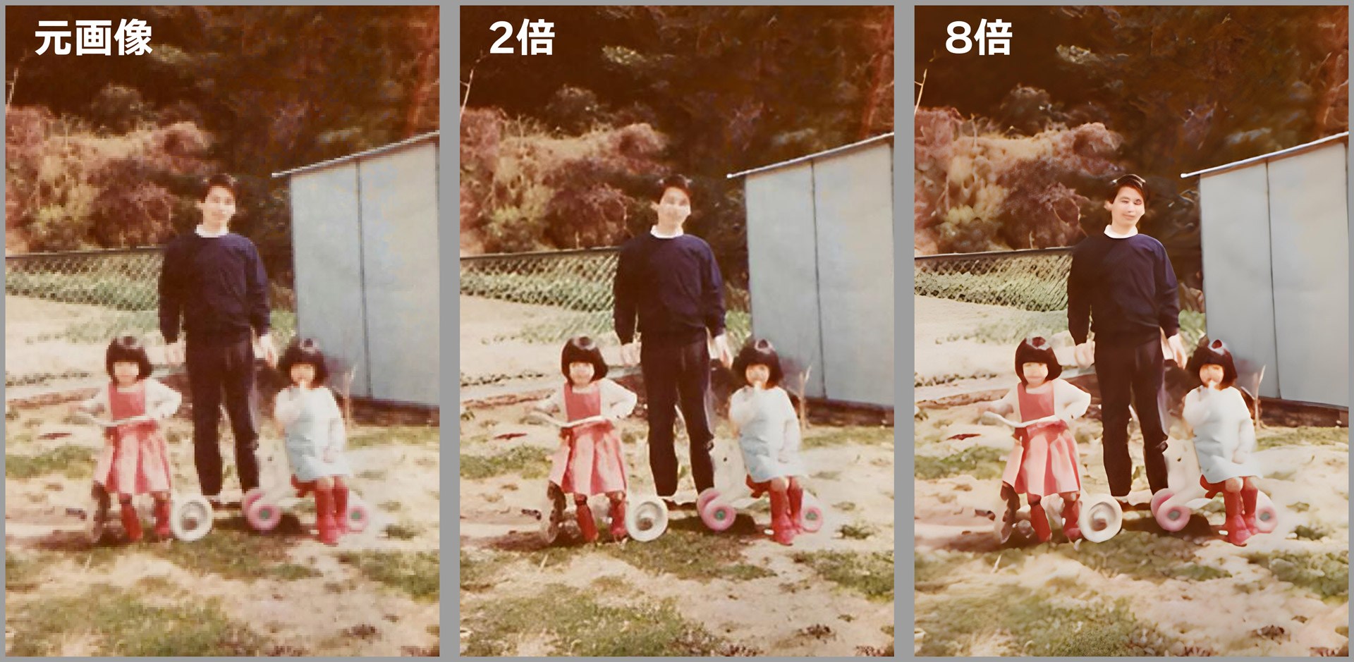 長辺480ドットの画像を拡大したところ。左から元画像、2倍、8倍