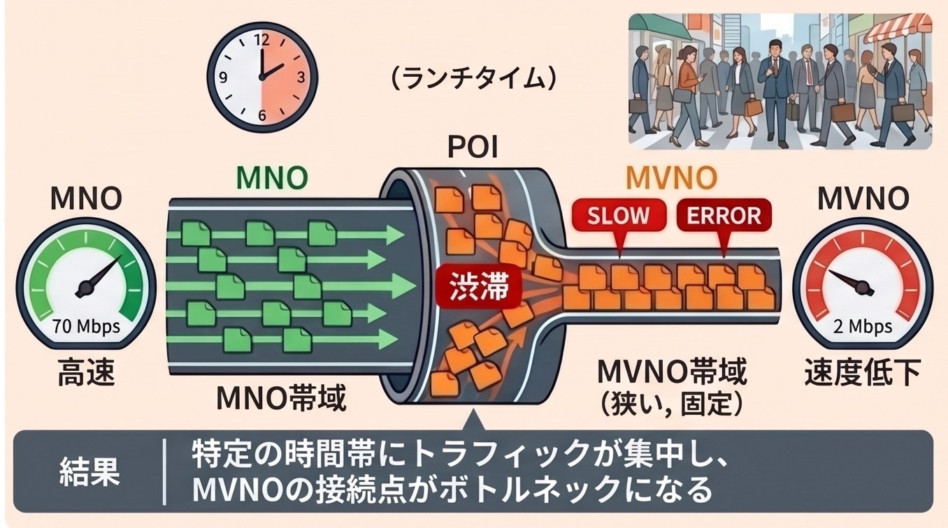 特定の時間帯にトラフィックが集中すると、速度が低下することがある。少なくとも、回線を借りているキャリア以上の速度にはならない。図はGeminiで作成
