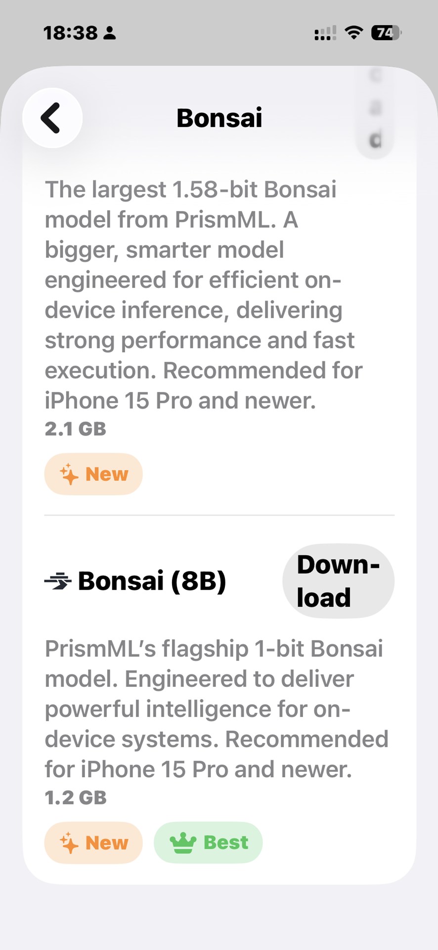 「Locally AI」での「Bonsai」選択画面、ちょちょいのちょい、です