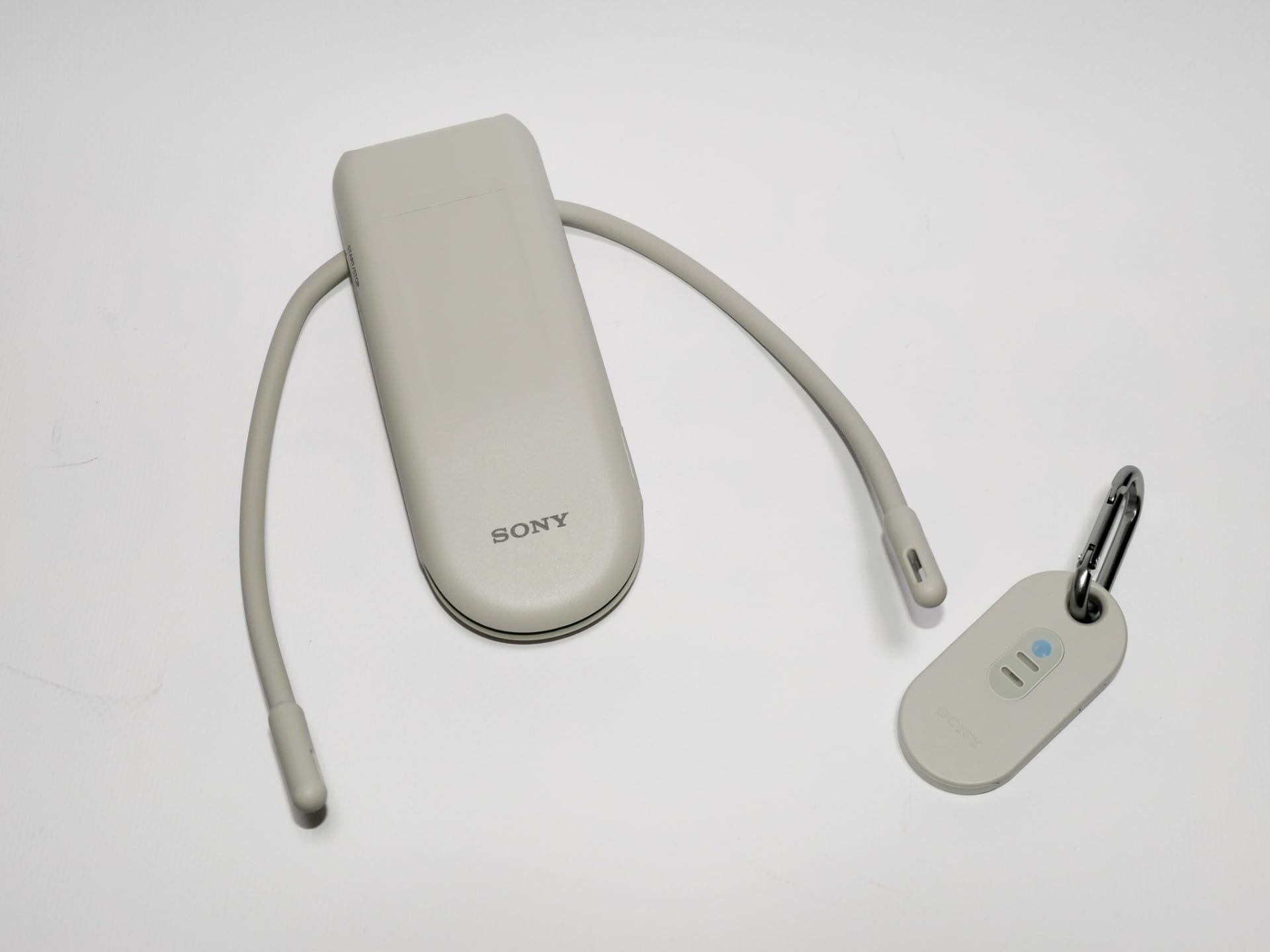 周囲の温度や湿度を測定する「REON POCKET TAG 2」(右)。カラビナが付いており鞄などに取り付けておけばよいのだが、その性質上ポケットに入れてしまうと意味がないので注意
