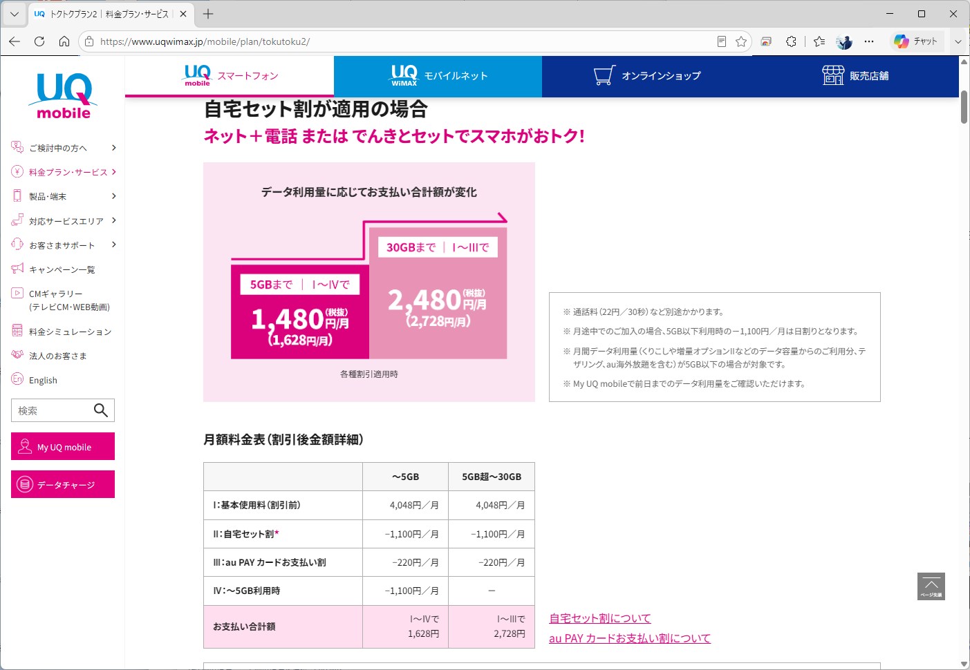 同じUQ mobileでも、トクトクプラン2には自宅セット割やau PAY カードお支払い割などが用意されている