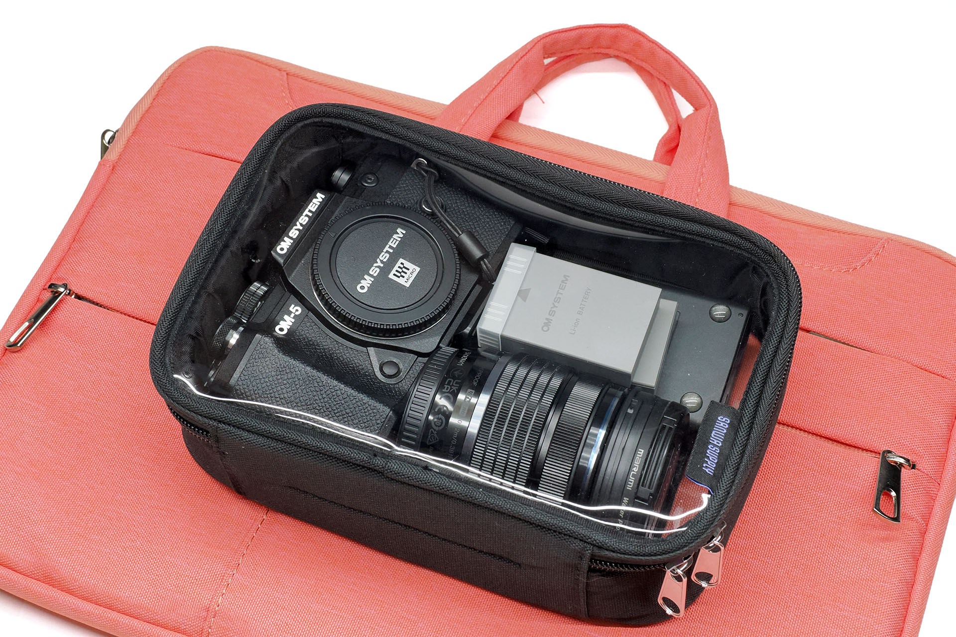 小型のミラーレスカメラとレンズとバッテリーと（念のための）充電器などをLサイズポーチにまとめた。中身が見えるのと、道具の分類が容易にできるのが便利♪