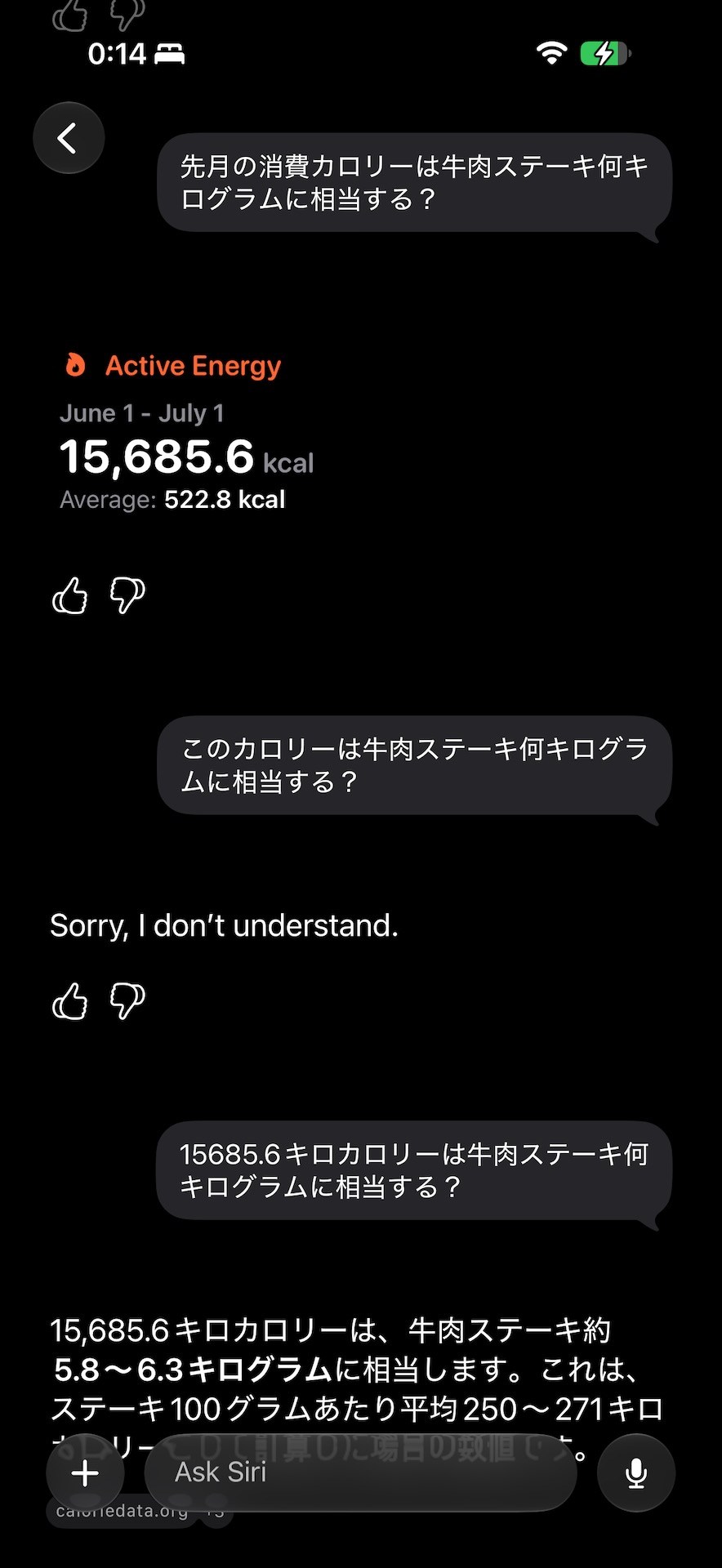 応用的な複合リクエストにはカロリーしか答えてくれず、次の質問でその数値を参照することもできなかった