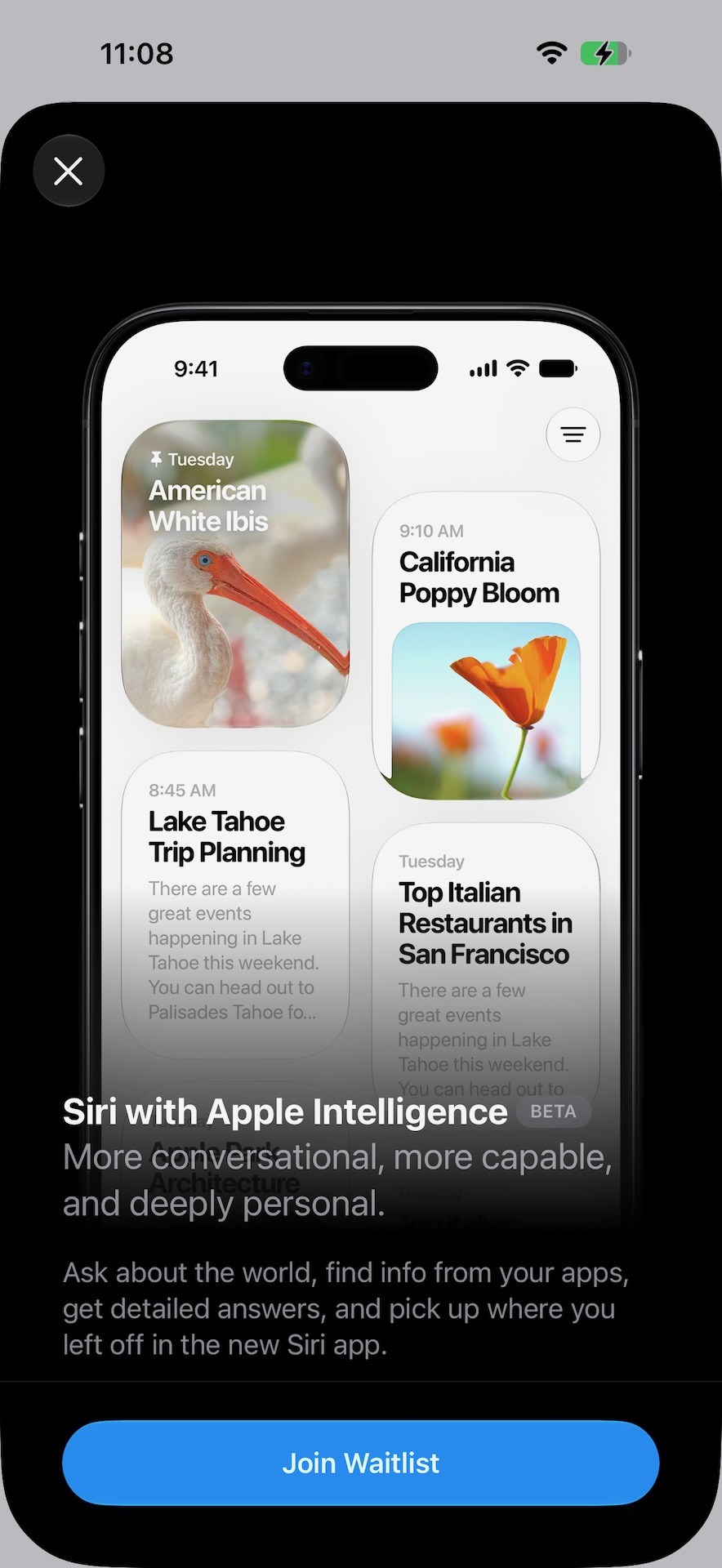 Siri AIを有効にするときの画面。ウェイトリストに登録するという形式