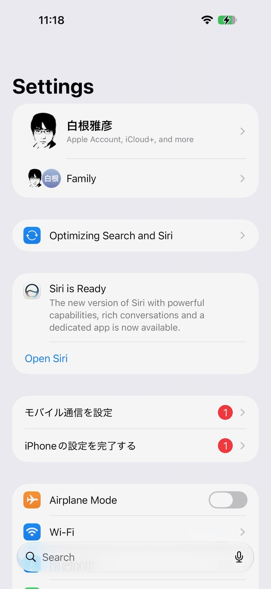 インデックス作成中は、「Optimizing Search and Siri」と表示される。通常の作業は可能で、パフォーマンスが落ちるとかは特に感じなかった