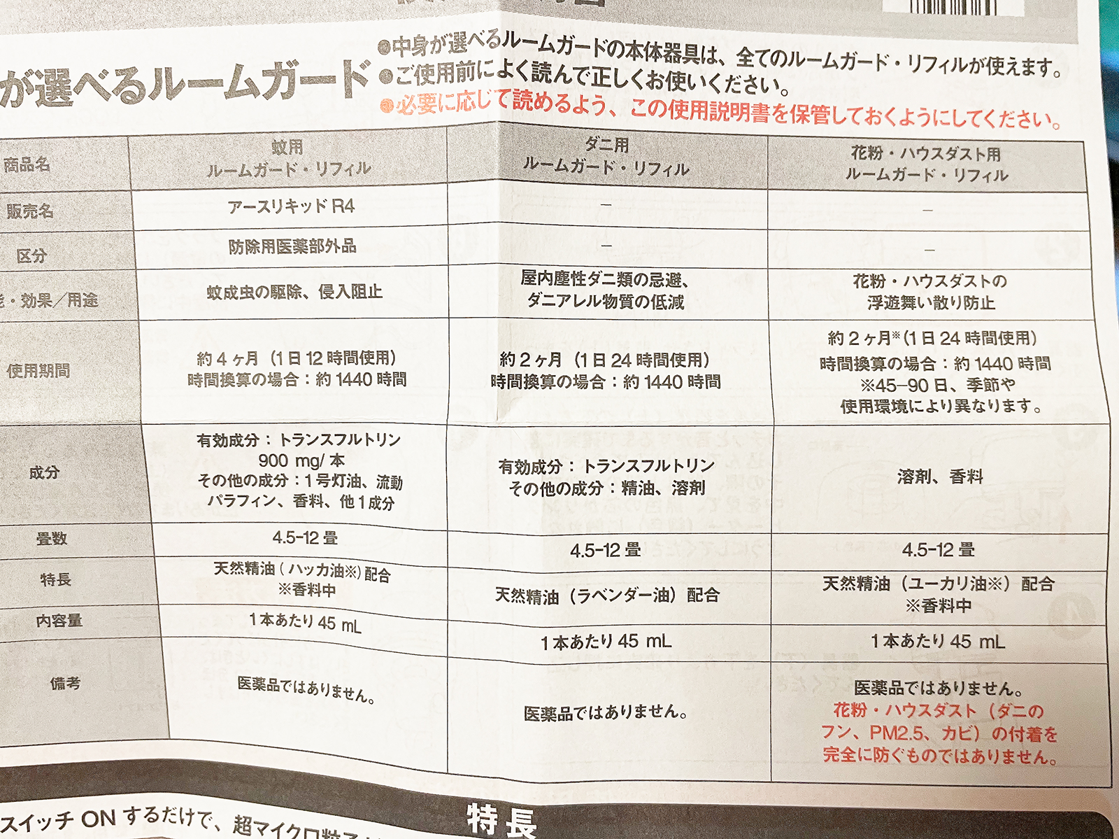 無印良品で提供しているリフィルの種類と持続時間。これ以外にもアース製薬「マモルーム」のカートリッジも薬局で手軽に手に入ります。