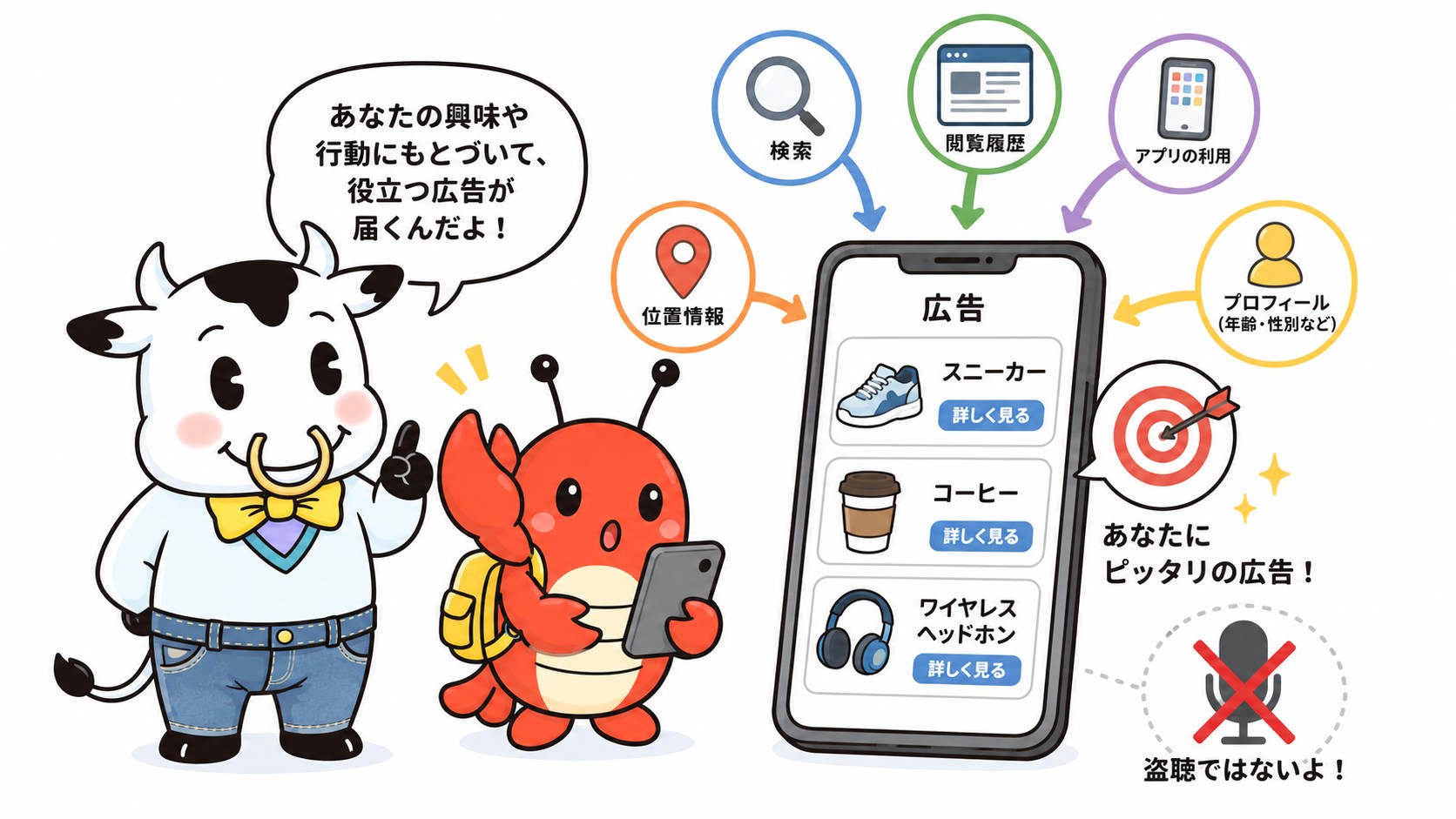 ターゲティング広告は、閲覧履歴・アプリ利用・位置情報などさまざまなデータから推測して、ユーザーの関心がありそうな商品・サービスを表示する。