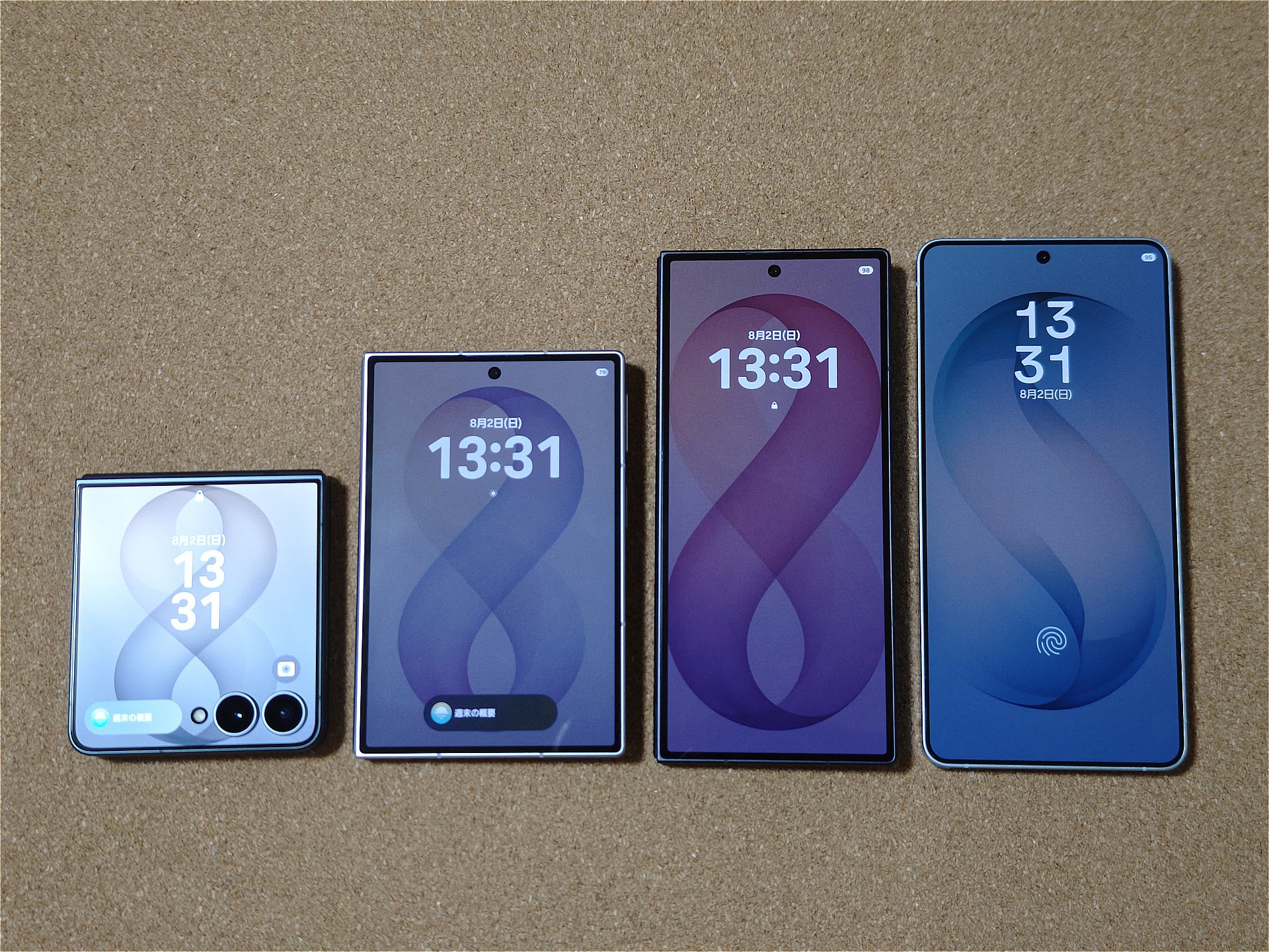 サムスン電子さんから新登場のフォルダブル3機種をお借りして、私のGalaxy S26 Ultraと並べてみました。左からGalaxy Z Flip8、Fold8、Fold8 Ultra、S26 Ultra。