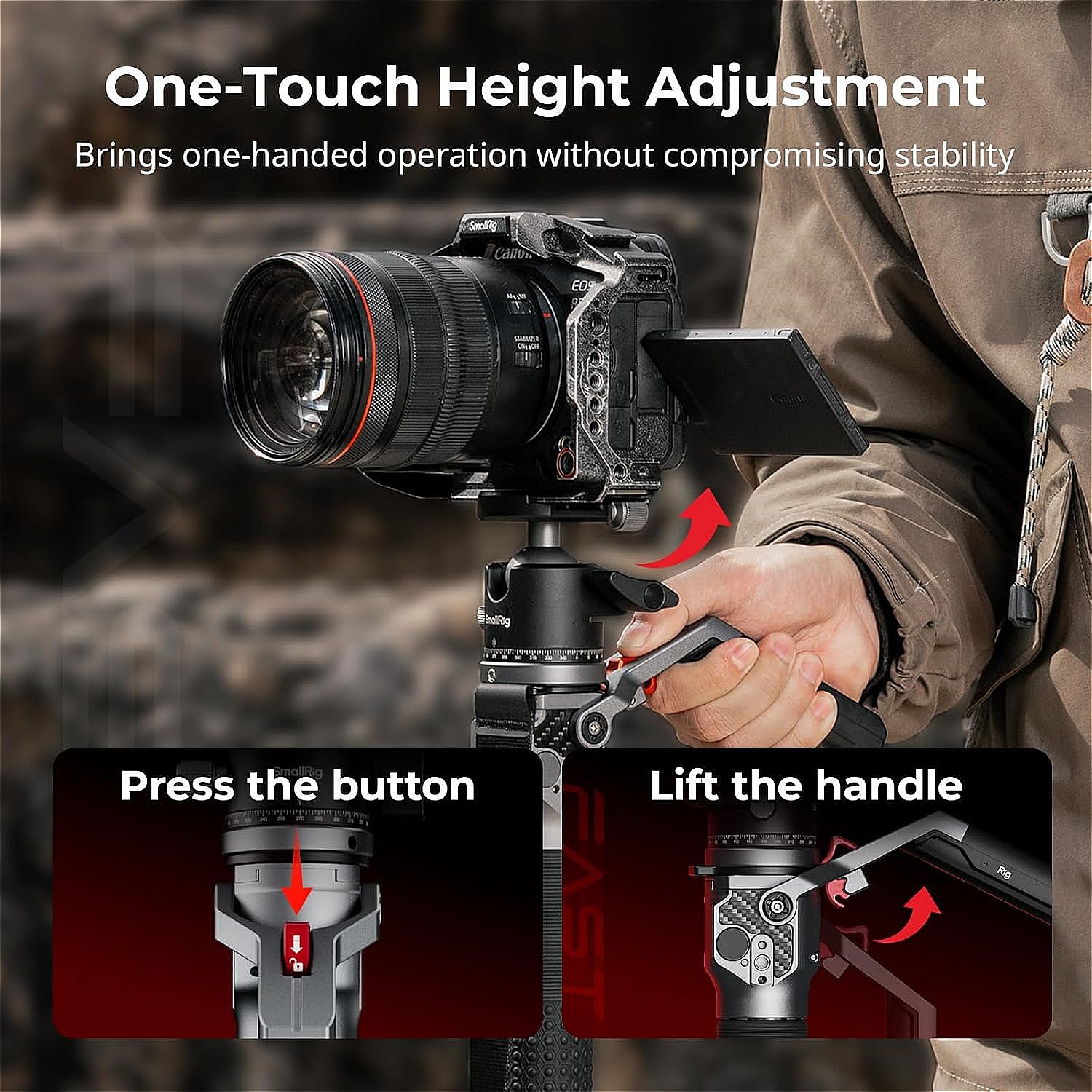 「One-Touch Height Adjustment」機構というのだろうか？　数度使えば慣れ、普通の一脚には戻れなくなるほど実用性が高いと感じられるように。※画像はAmazon商品ページより。