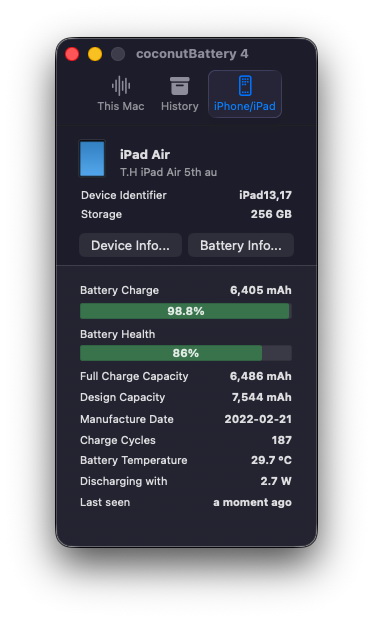 Macにインストールした「coconutBattery」を起動。iPadをUSBケーブルで接続し、アプリ内の［iPhone/iPad］タブを選ぶと、［Battery Health］などの情報が確認できる