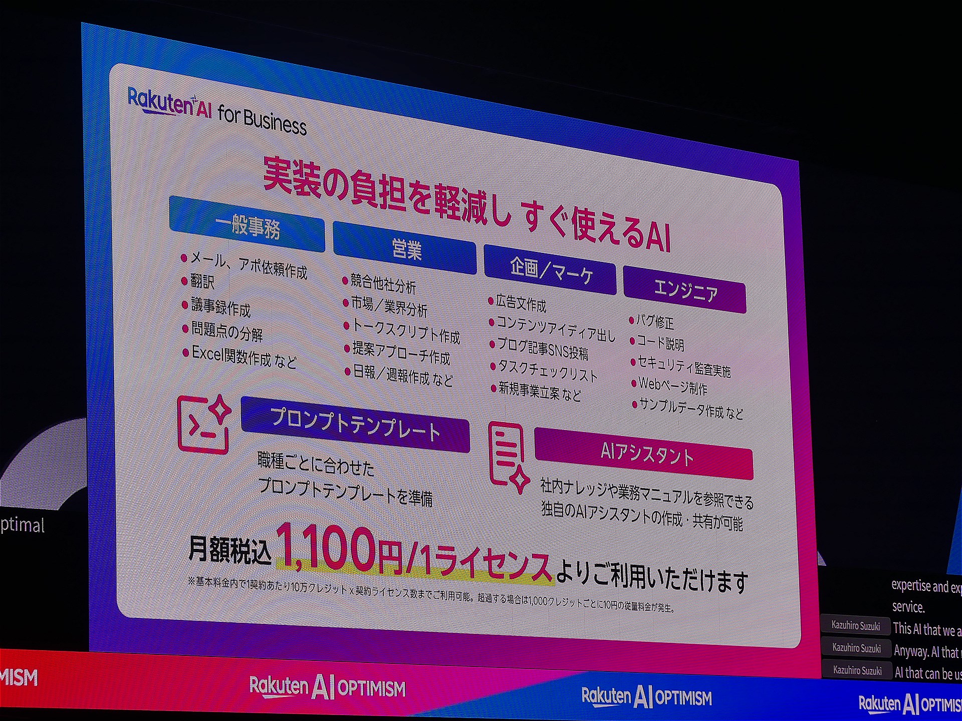 事務職はもちろん、営業、企画・マーケティング、エンジニアに至るまで、様々な職種向けのプロンプトテンプレートを用意。1ライセンスあたり1100円（税込）という導入しやすい価格も魅力だ
