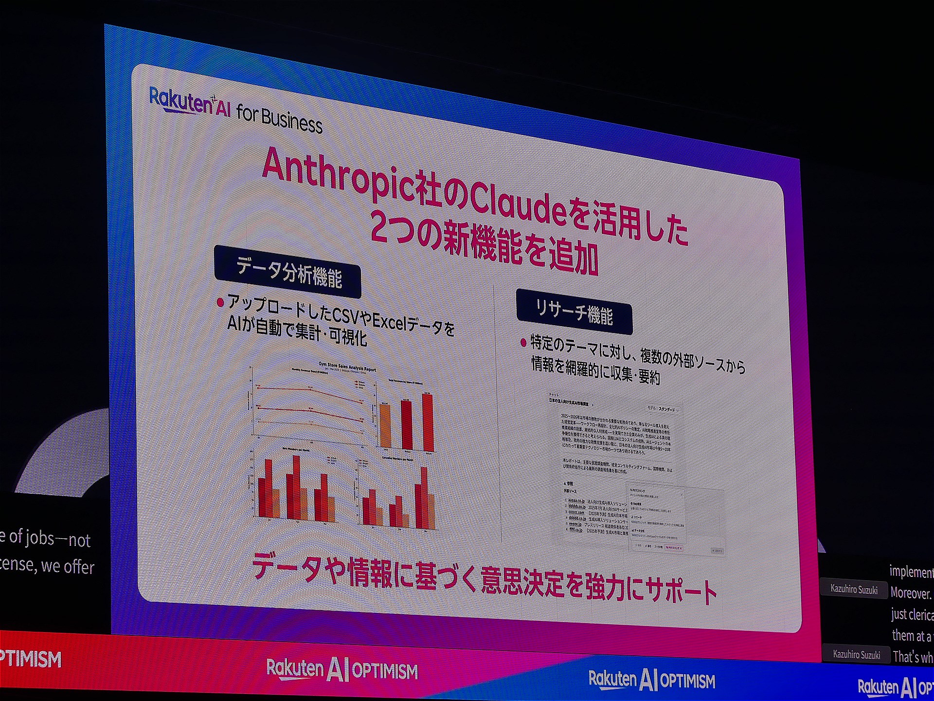 「Rakuten AI for Business」に、Anthropic社のClaudeを活用した「リサーチ機能」と「データ分析機能」が追加された