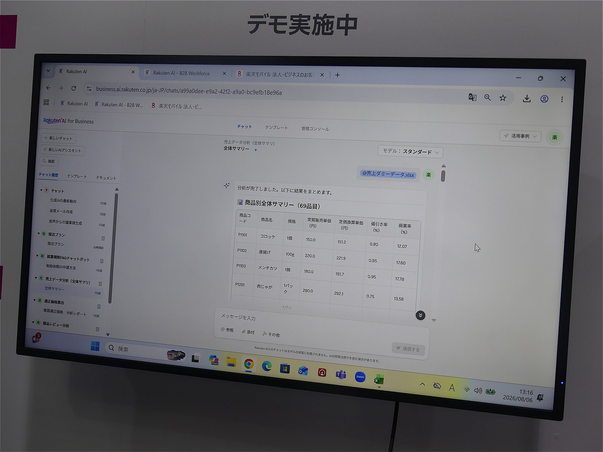 展示エリアでは「Rakuten AI for Business」の新機能「リサーチ機能」と「データ分析機能」のデモを見ることができた。「データ分析機能」はデータをアップロードするだけでAIが分析してくれる。例えば売上のExcelをアップすると、AIがデータを読み込み、全体のサマリーや売れ筋の傾向、値引き率が高いリストや廃棄率が高いリストなどをまとめて、示唆を与えてくれる。担当者によると「まるで自分が小売コンサルタントになったように分析できる。小売店の店長や仕入れ担当者からの評判が良い」とのこと