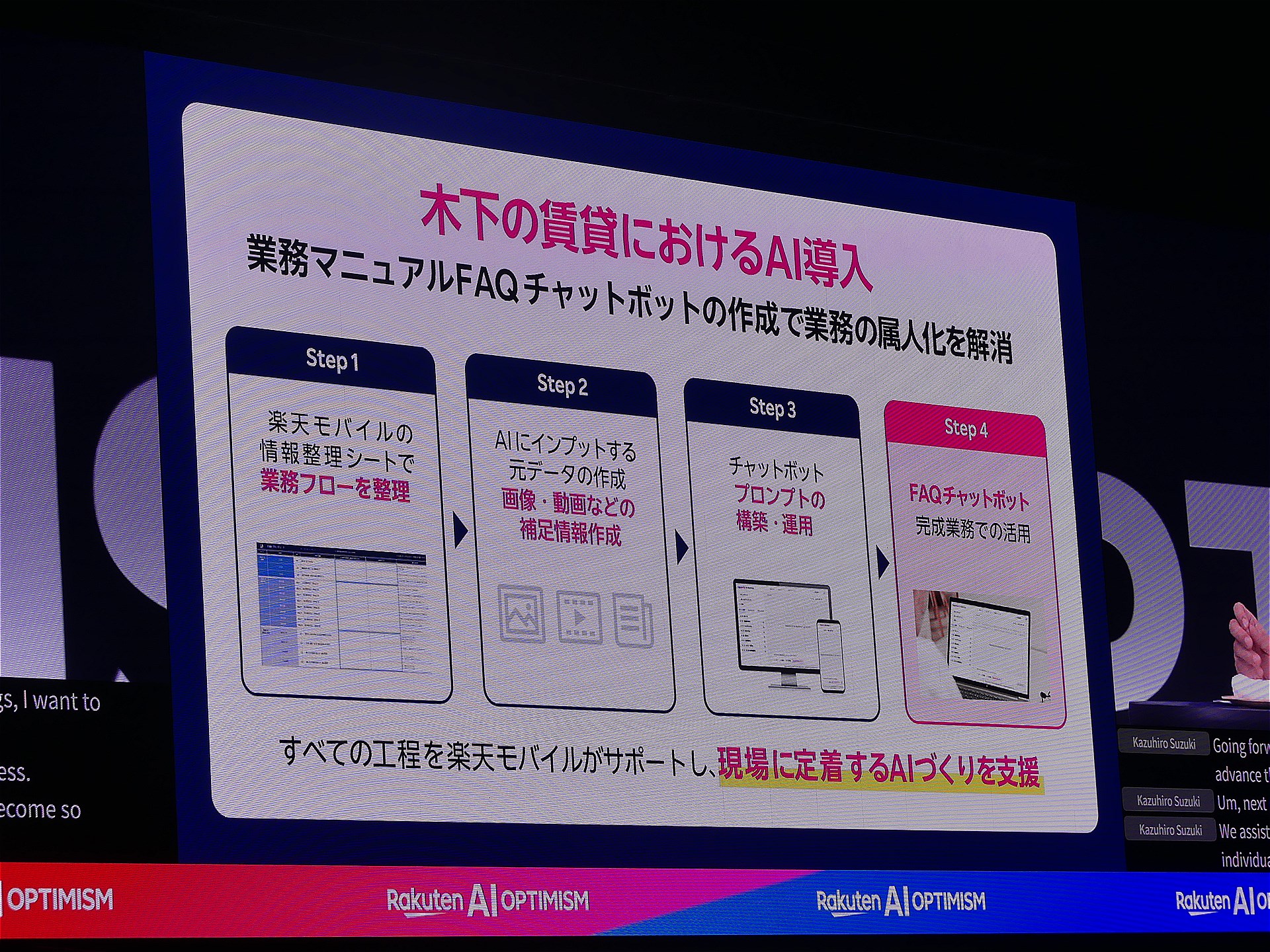 木下の賃貸では、楽天モバイルの支援を受けながら社内FAQのチャットボットを作成