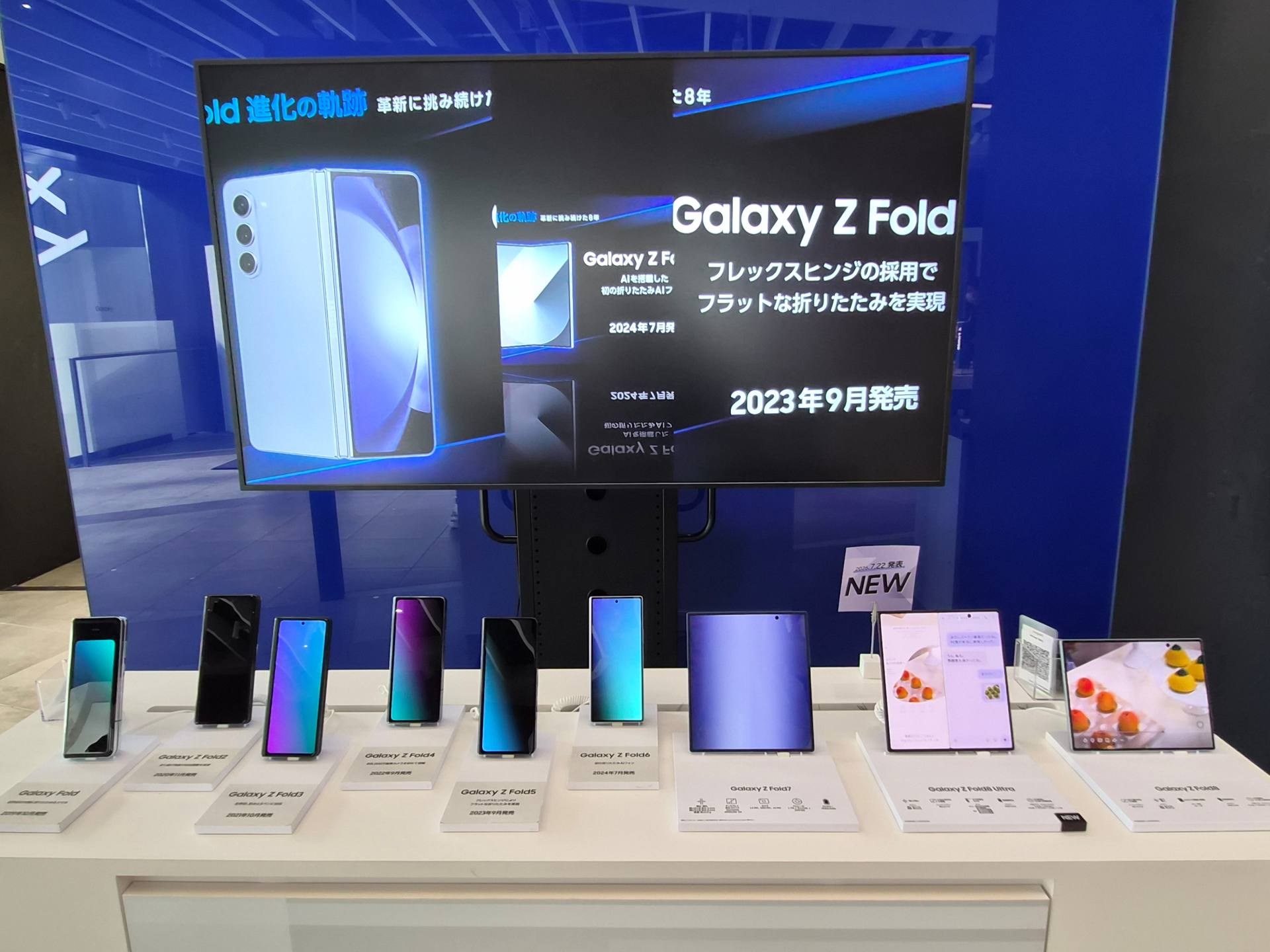 「Galaxy Z Fold 進化の軌跡」というタイトルのビデオと初代からの実機の展示