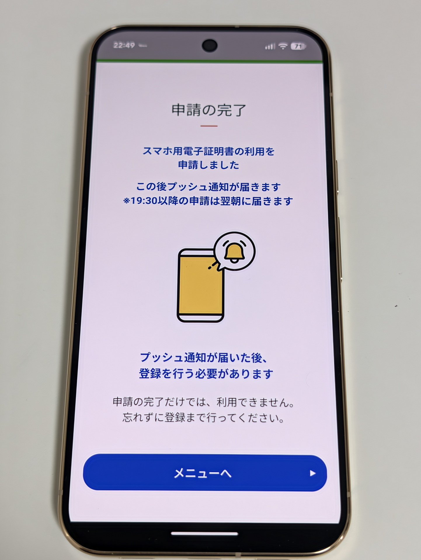 申請作業を進めると、問題なく申請できた