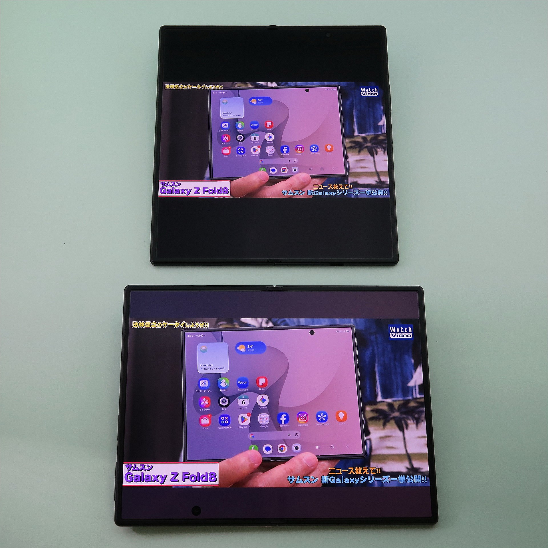 YouTubeの動画を再生してみると、「Galaxy Z Fold8 Ultra」（上）は上下に黒い帯が表示されるのに対し、「Galaxy Z Fold8」（下）は黒い帯が狭くなり、より大画面で楽しめる印象