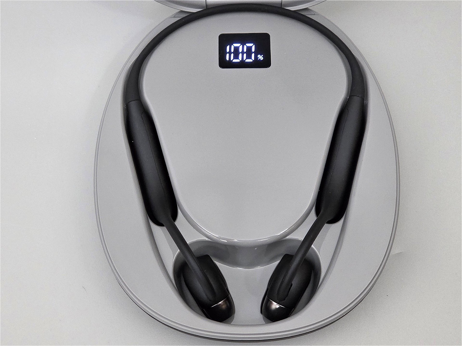 充電ケースに収めた状態の「VibeLens MusicCam」。なお、充電ケースはUSB Standard-A端子を搭載しており、モバイルバッテリーとしても使える