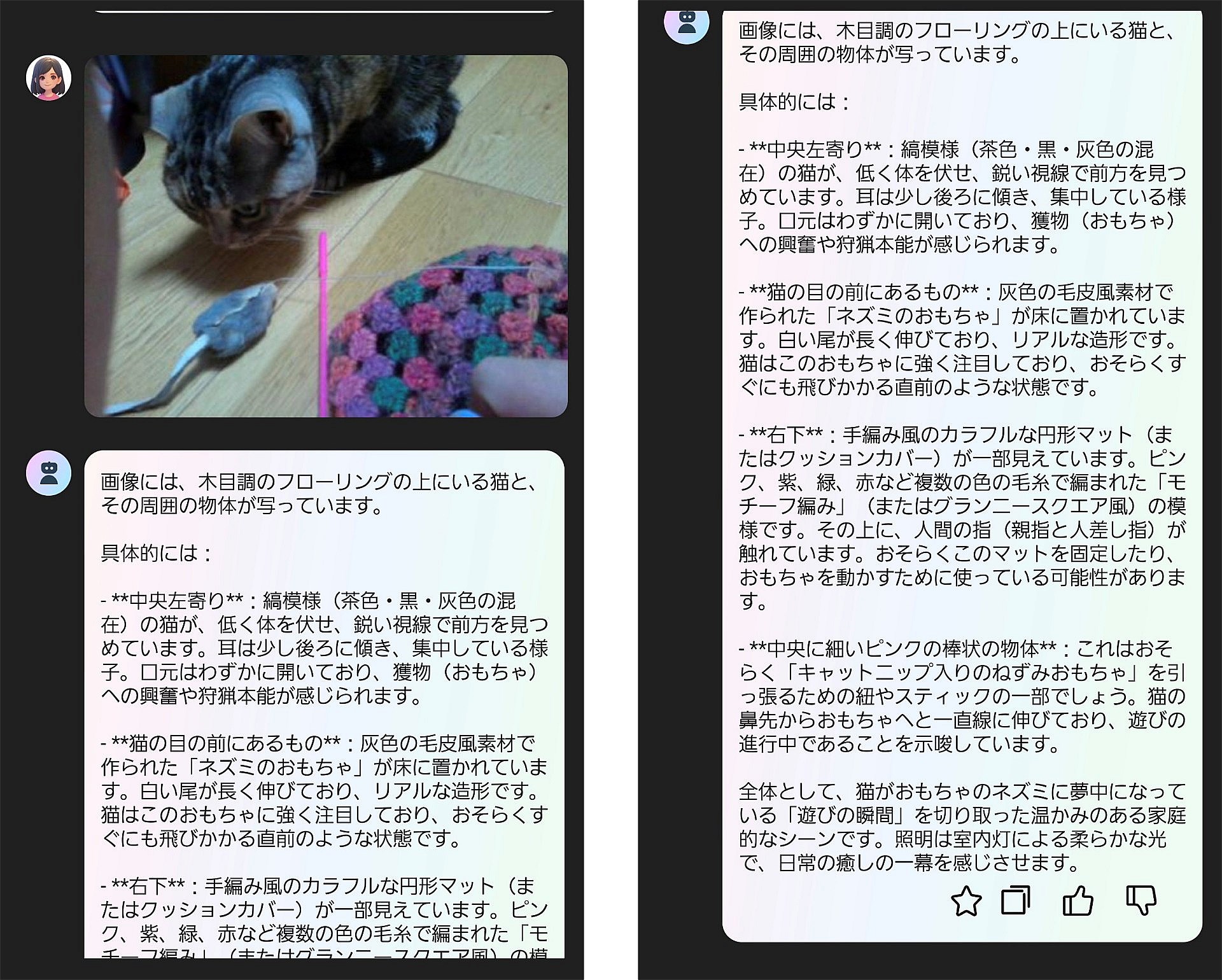 無言でHeyCyanアプリ内の「スマート画像認識」をタップしたところ、長々と音声で説明してくれた。何について質問しているのかを写真で、その内容をテキストで残しておいてくれるので、見返しやすい
