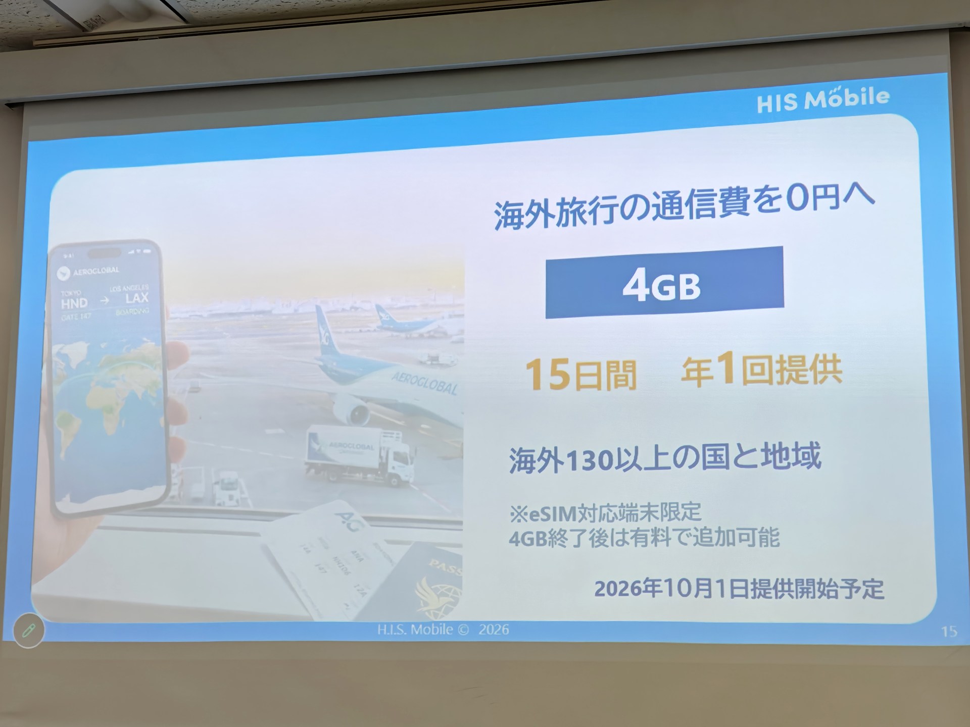 自由自在3.0プランでは、15日間、4GBの海外eSIMを年1回無料で利用できる。こちらの特典は、10月にスタートする
