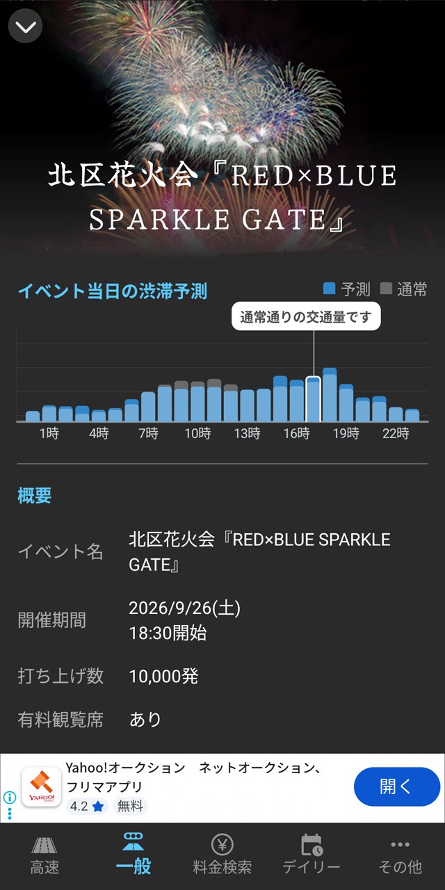イベントの詳細と周辺道路の混雑予想を確認できる