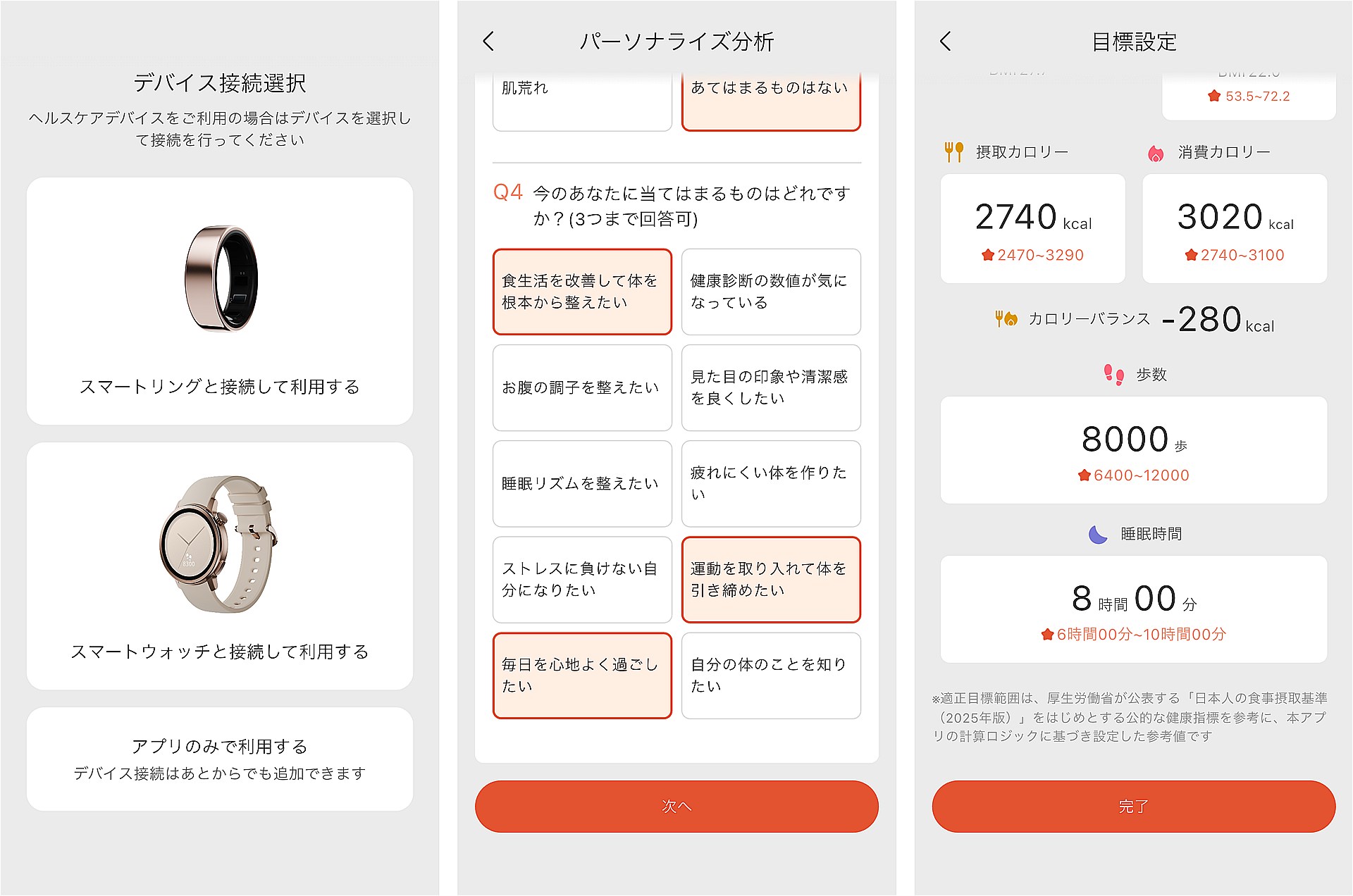 からだメイト WatchはAndroidとiOSの両方に対応。スマホに「からだメイト」アプリをインストールして初期設定を行う。目標などを設定する必要があるが、いつでも変更可能