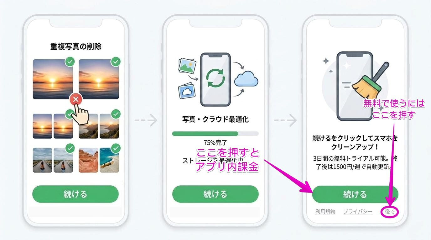 実際には流れに従って「続ける」を押すと毎週1500円の課金に誘導されてしまい、無料で使い始めるには下部の「後で」を押す必要がある