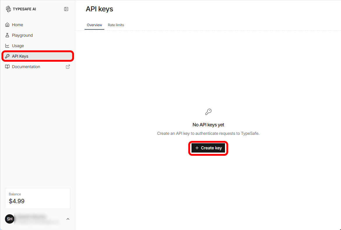 Jevにユーザー登録後、管理コンソールの「API Keys」にアクセスして「Create key」をクリック