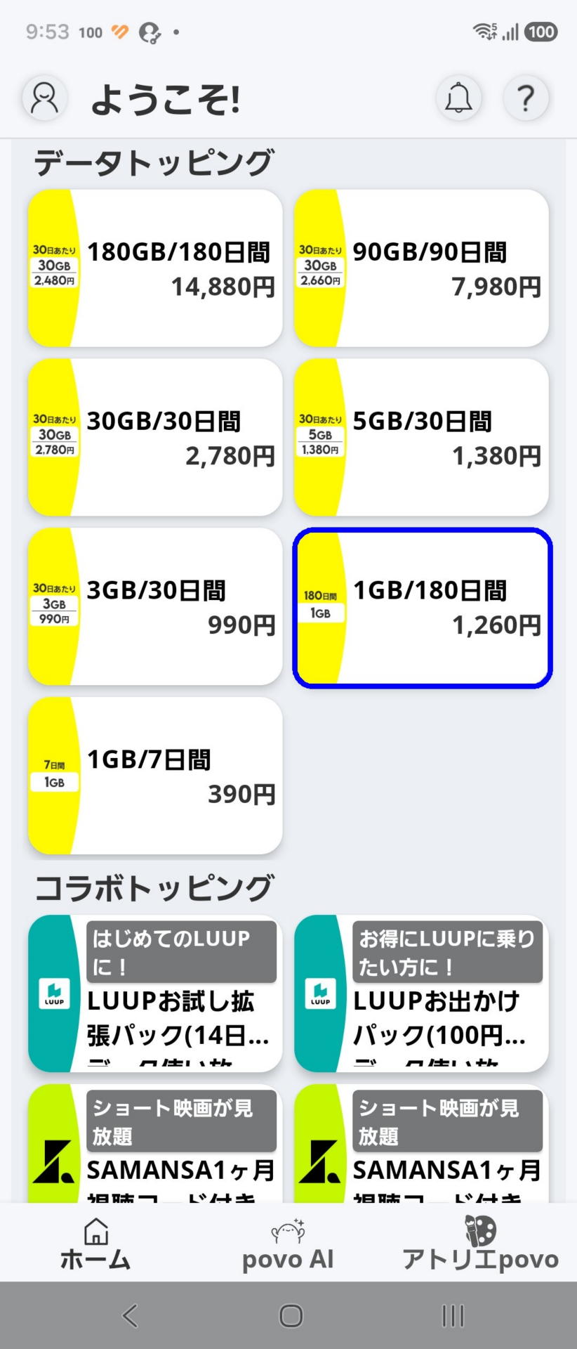 小容量を長く使える1GB・180日間