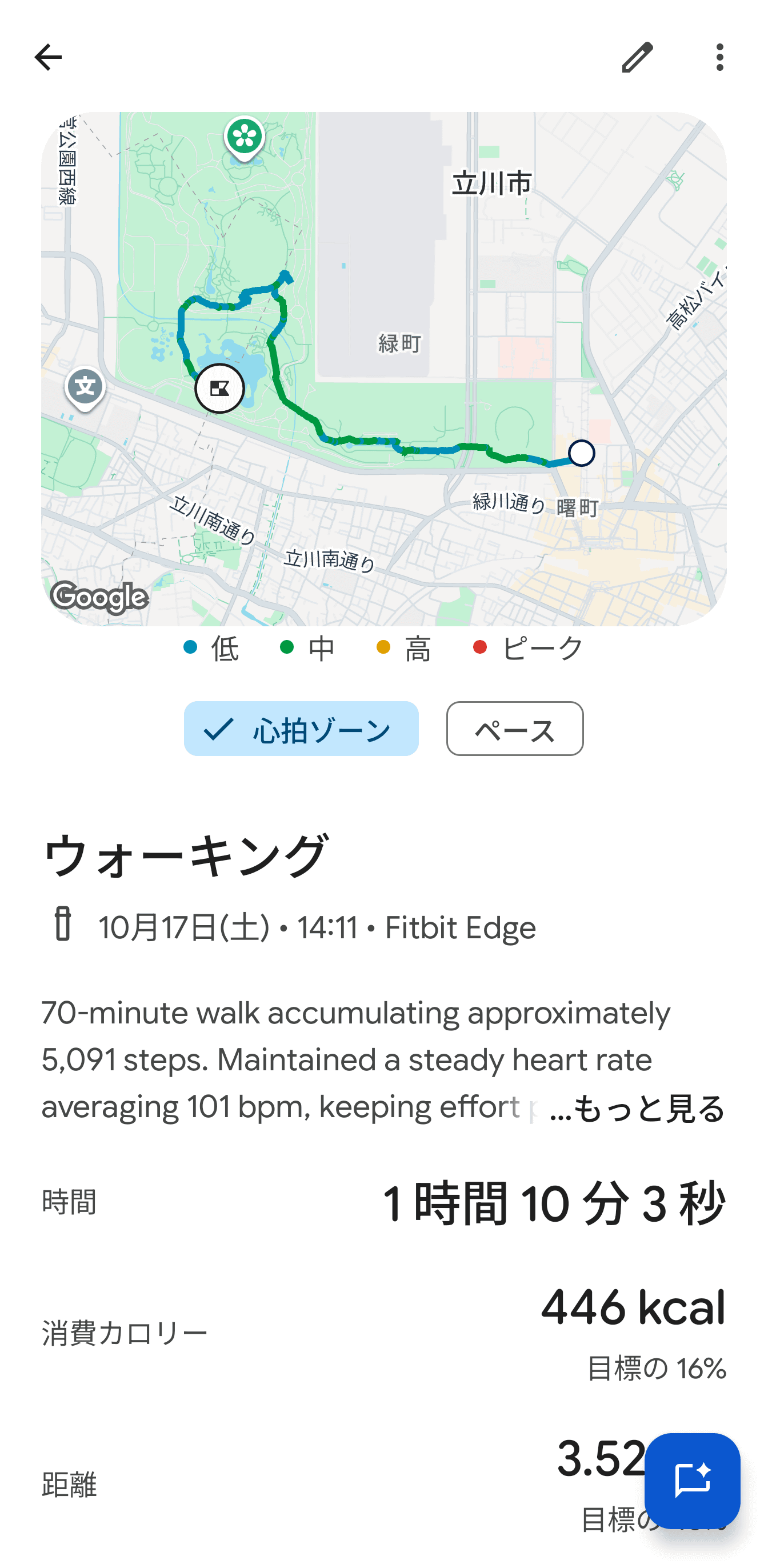 BluetoothをオフにしFitbit Edgeとの接続を切った状態でも移動情報が記録できた