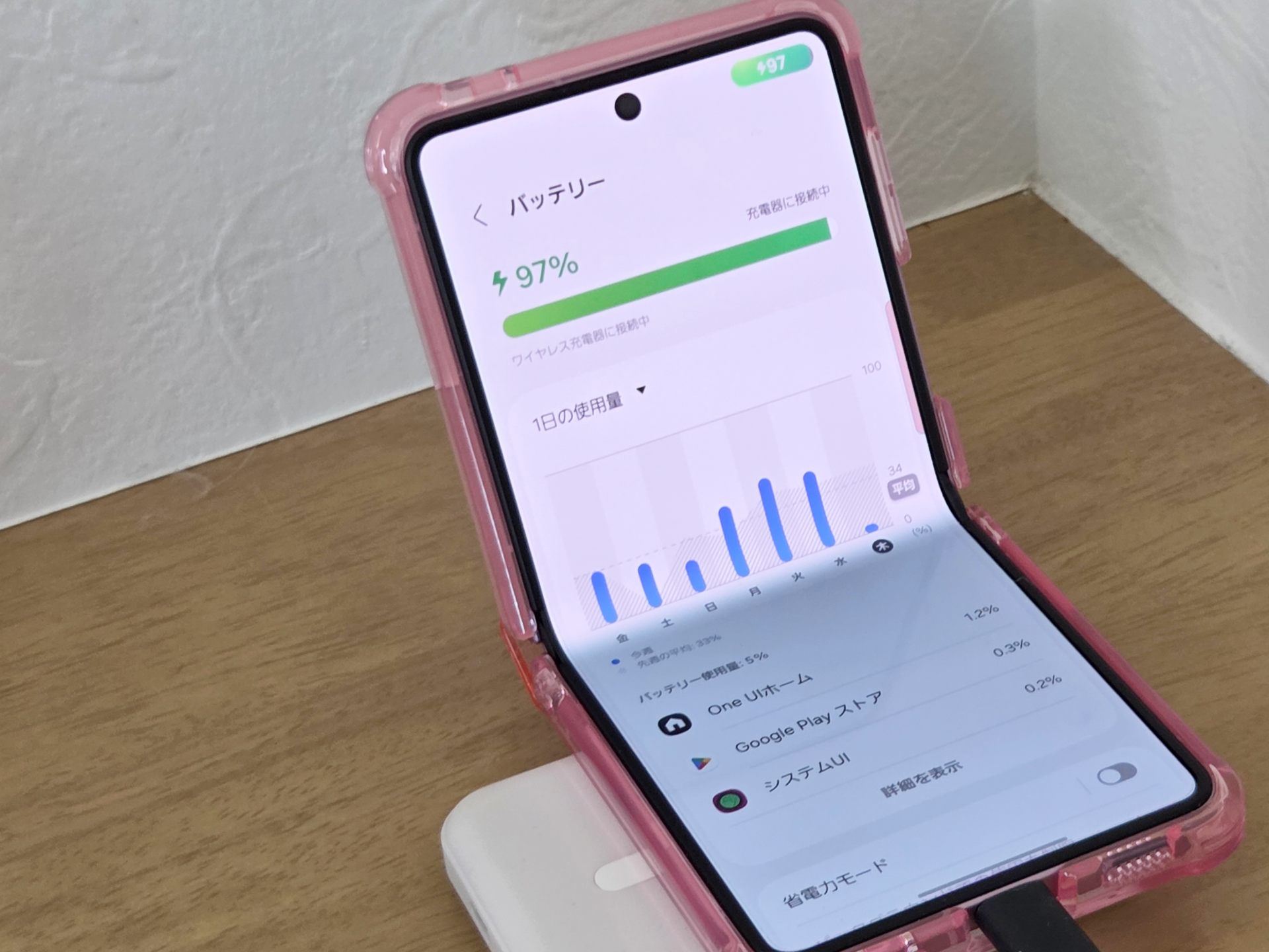MagSafeモバイルバッテリーを装着した状態。手のひらサイズで給電しながら作業が続けられる