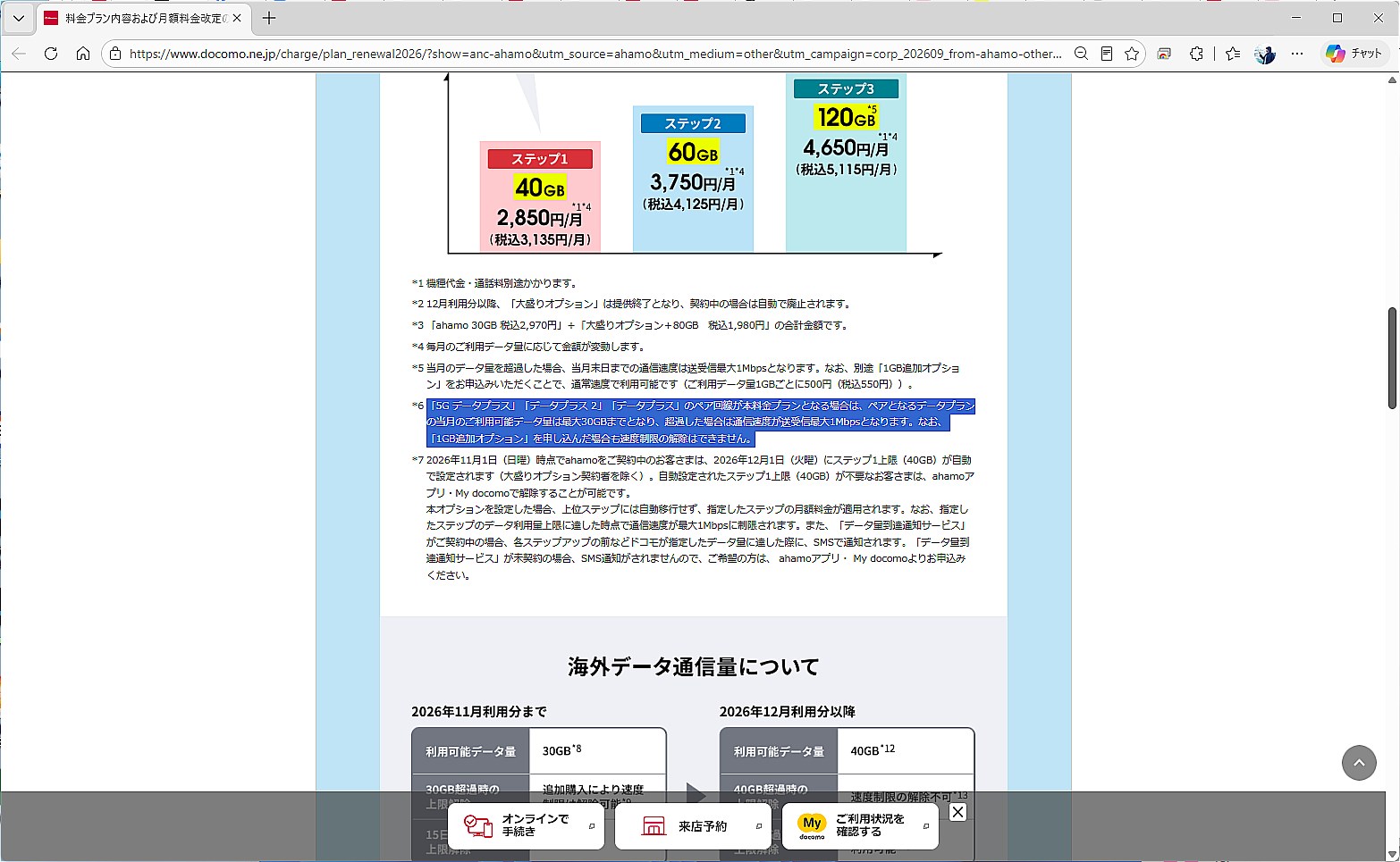 データプラスの詳細は、ahamo側の料金解説ページに記載されている。ahamoは1段階目が40GBに上がるが、データプラスは30GBで固定される格好だ