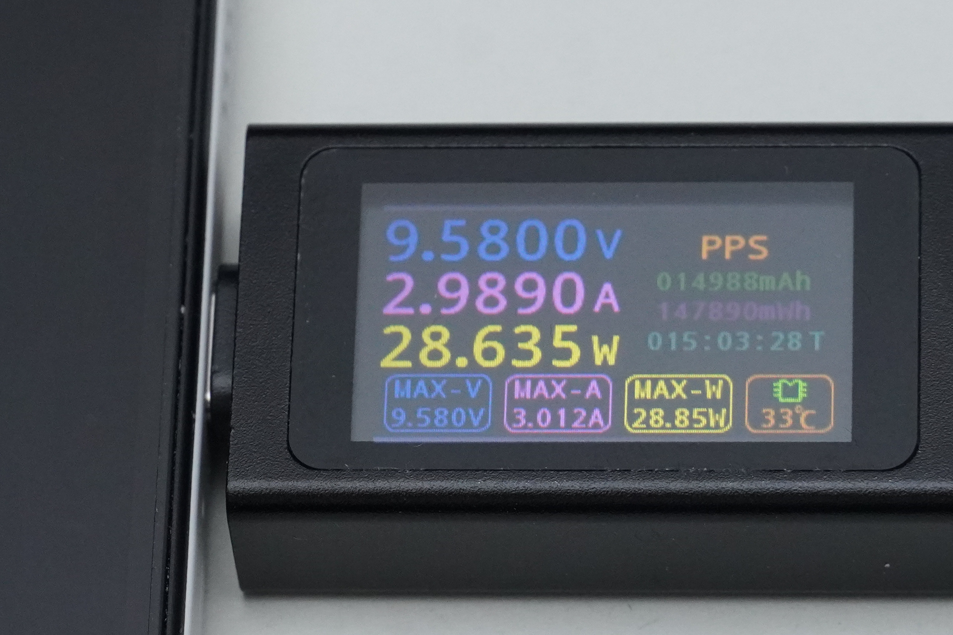 Androidスマートフォンに接続、こちらはPPSで約9V、約3Aで充電中