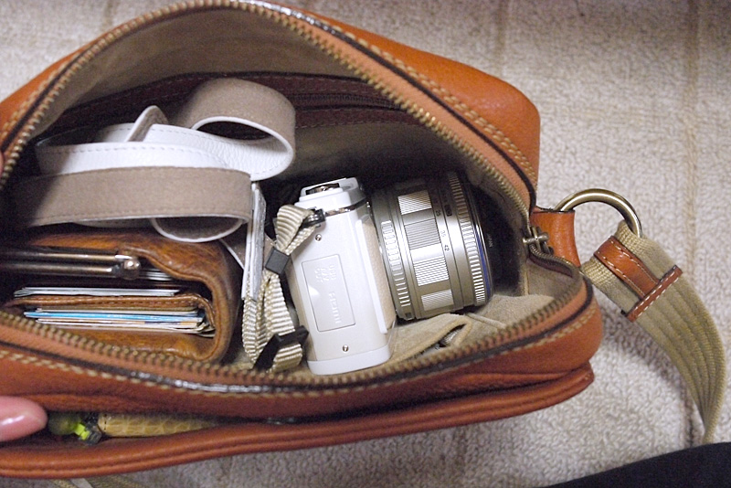 ズームレンズ付きの「E-P1」が、ヌメ革のショルダーバッグにすっぽり入ってしまった。これを待っていた！