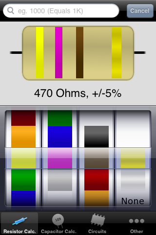 Electrical Ref(115円)。抵抗器のカラーコード→抵抗値変換、3桁表示コンデンサの静電容量値換算、555タイマICの定数計算、LEDの電流制限抵抗値計算を行える。そのほか、よく使われる回路図やArduino関連のリファレンスや回路図も表示できる。ただ、上の2つのアプリで代用が利く機能が多く含まれていたりもする