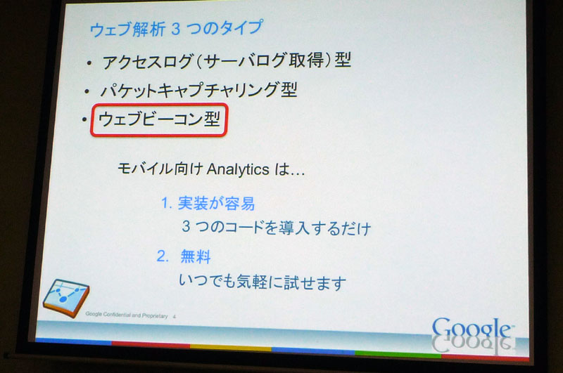 Google Analyticsはウェブビーコン型。3つのコードを導入するだけで利用でき、利用料も無料
